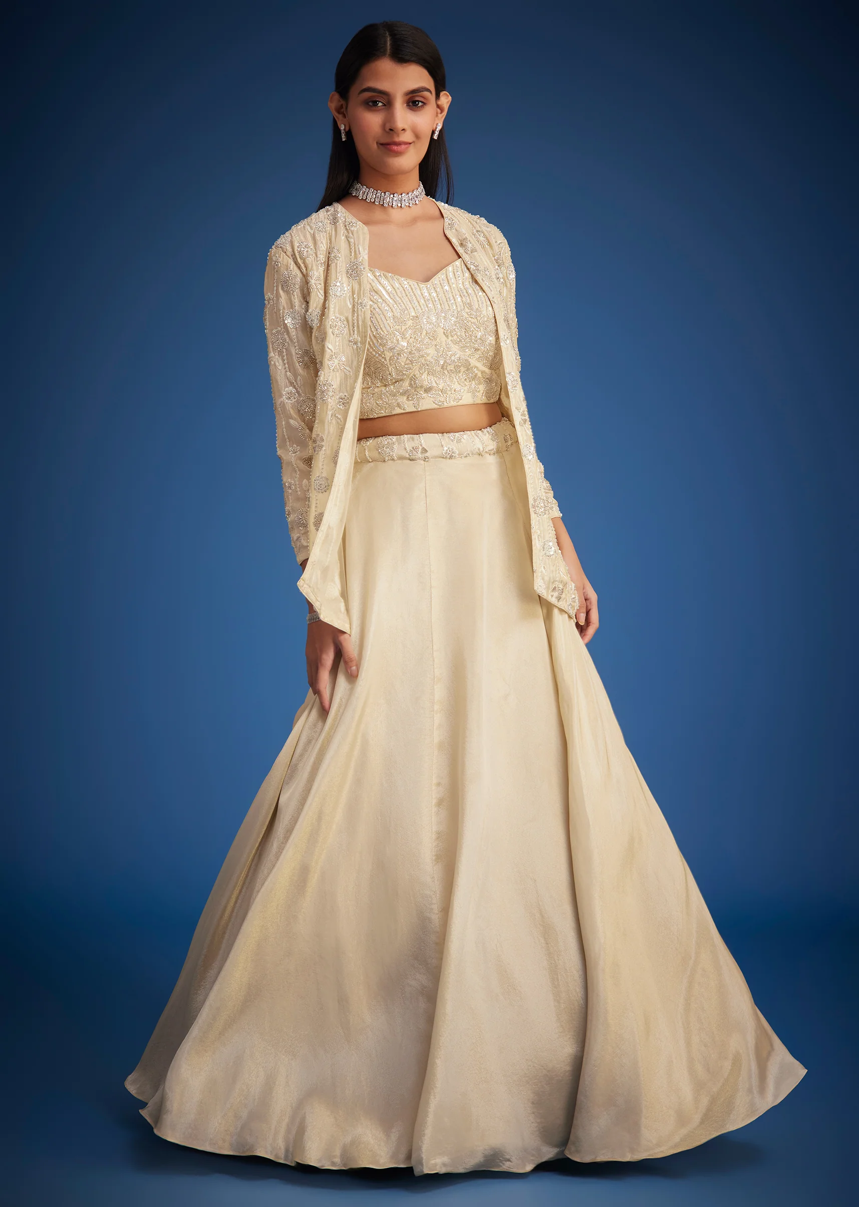 Cream Raw Silk Embroidered Jacket Lehenga Set - Image 7