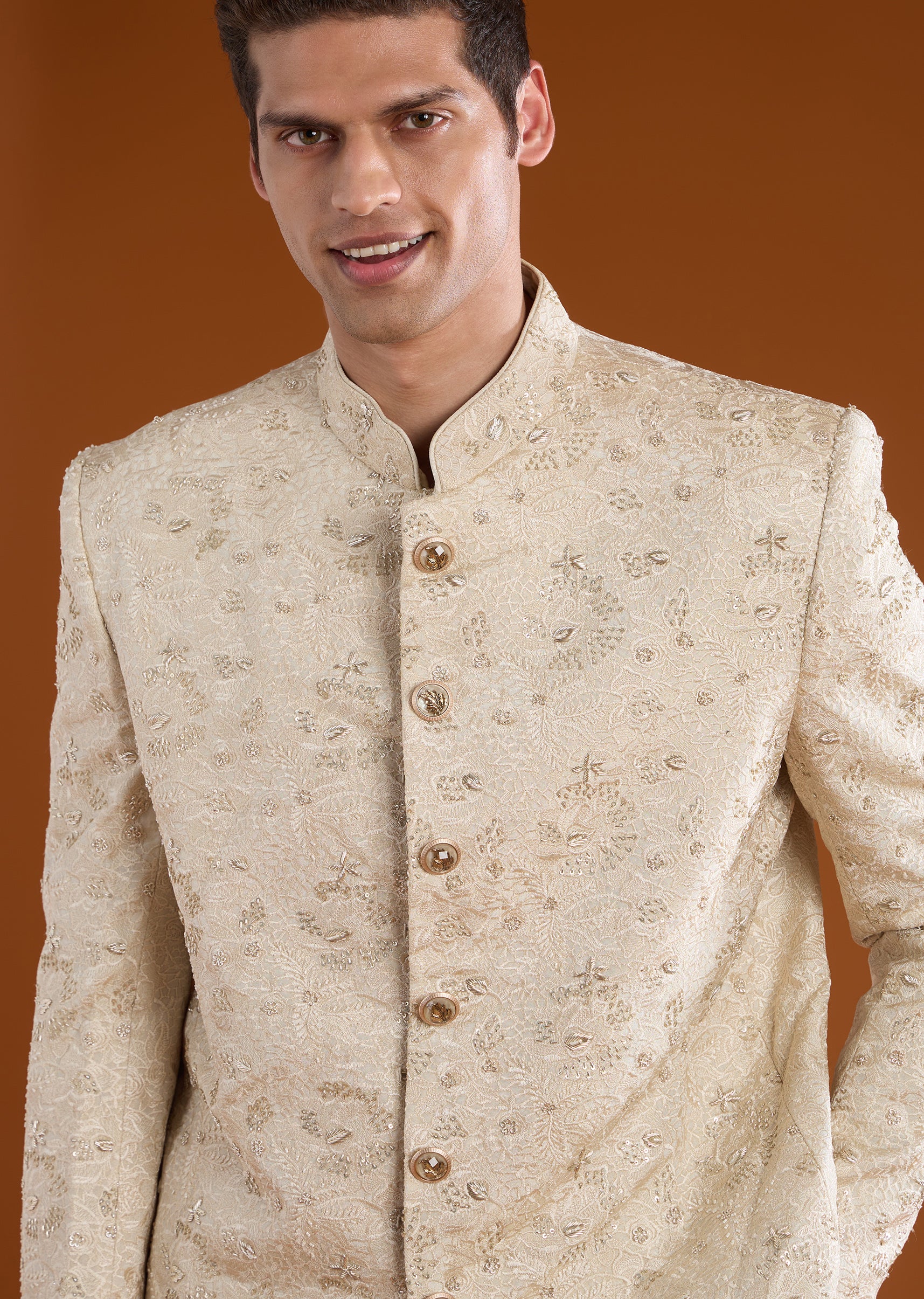 Cream Royal Duo – Jacquard Silk Saree For Her And Embroidered Jodhpuri Set For Him - Image 10