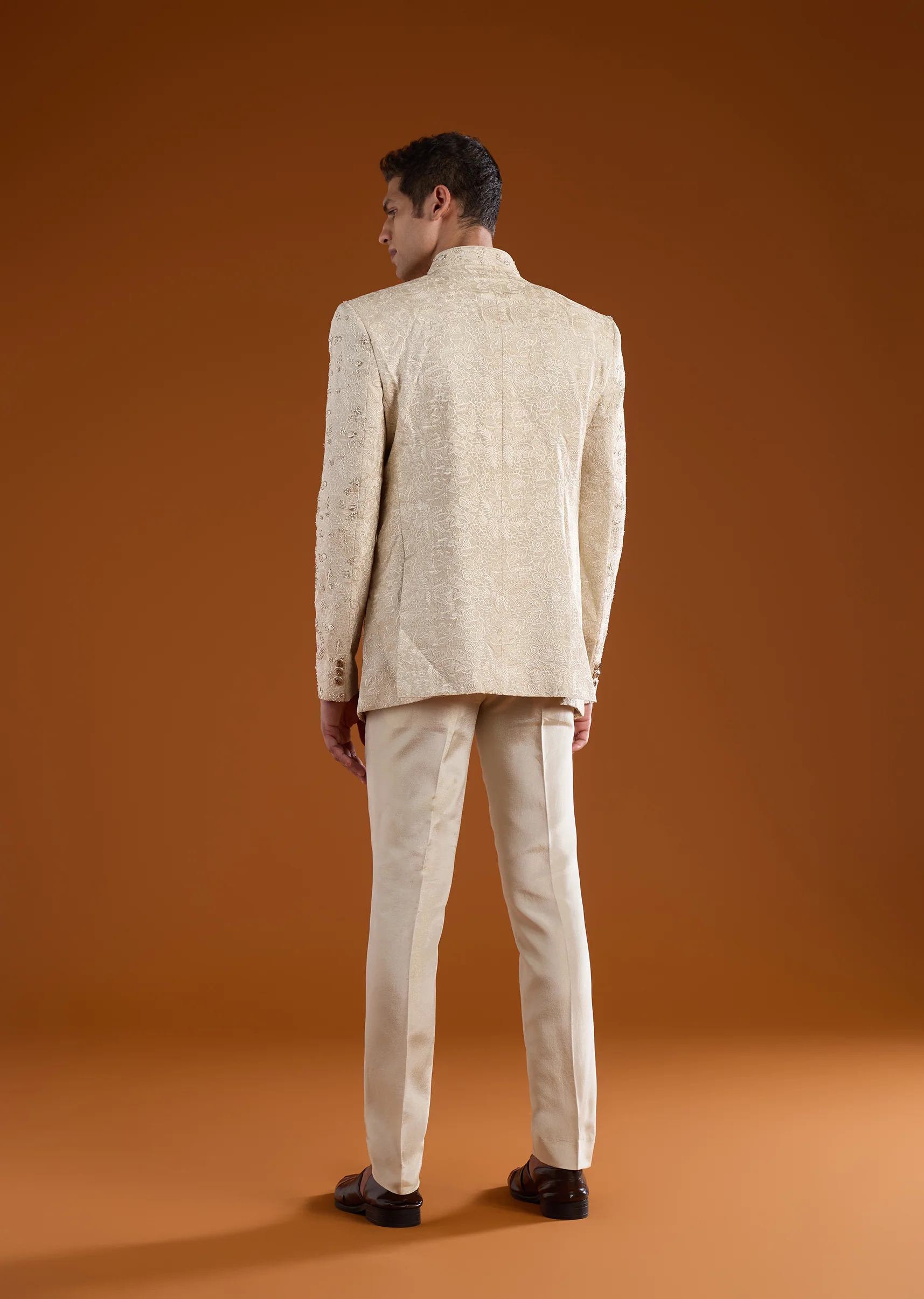 Cream Royal Duo – Jacquard Silk Saree For Her And Embroidered Jodhpuri Set For Him - Image 13