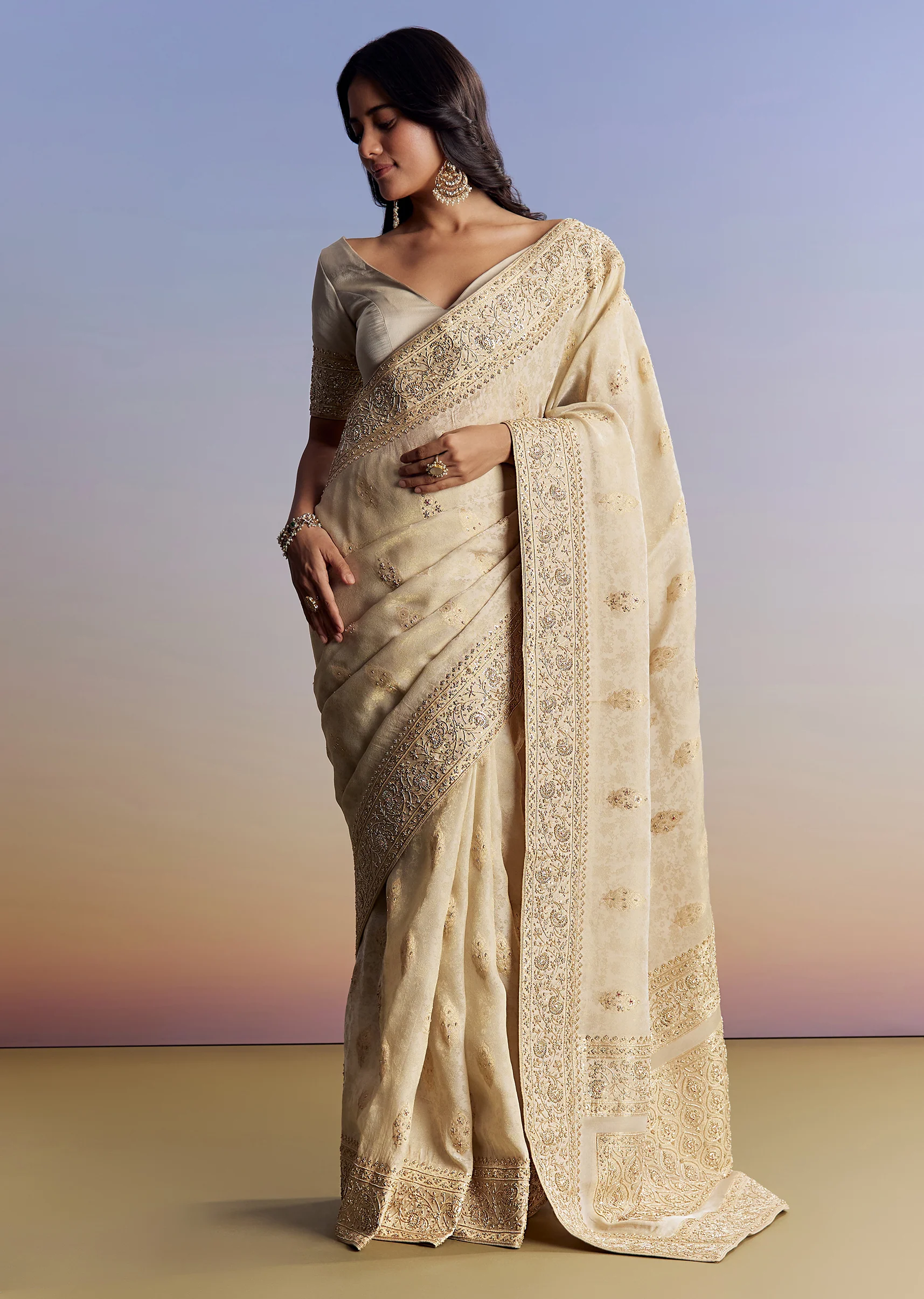 Cream Royal Duo – Jacquard Silk Saree For Her And Embroidered Jodhpuri Set For Him - Image 4
