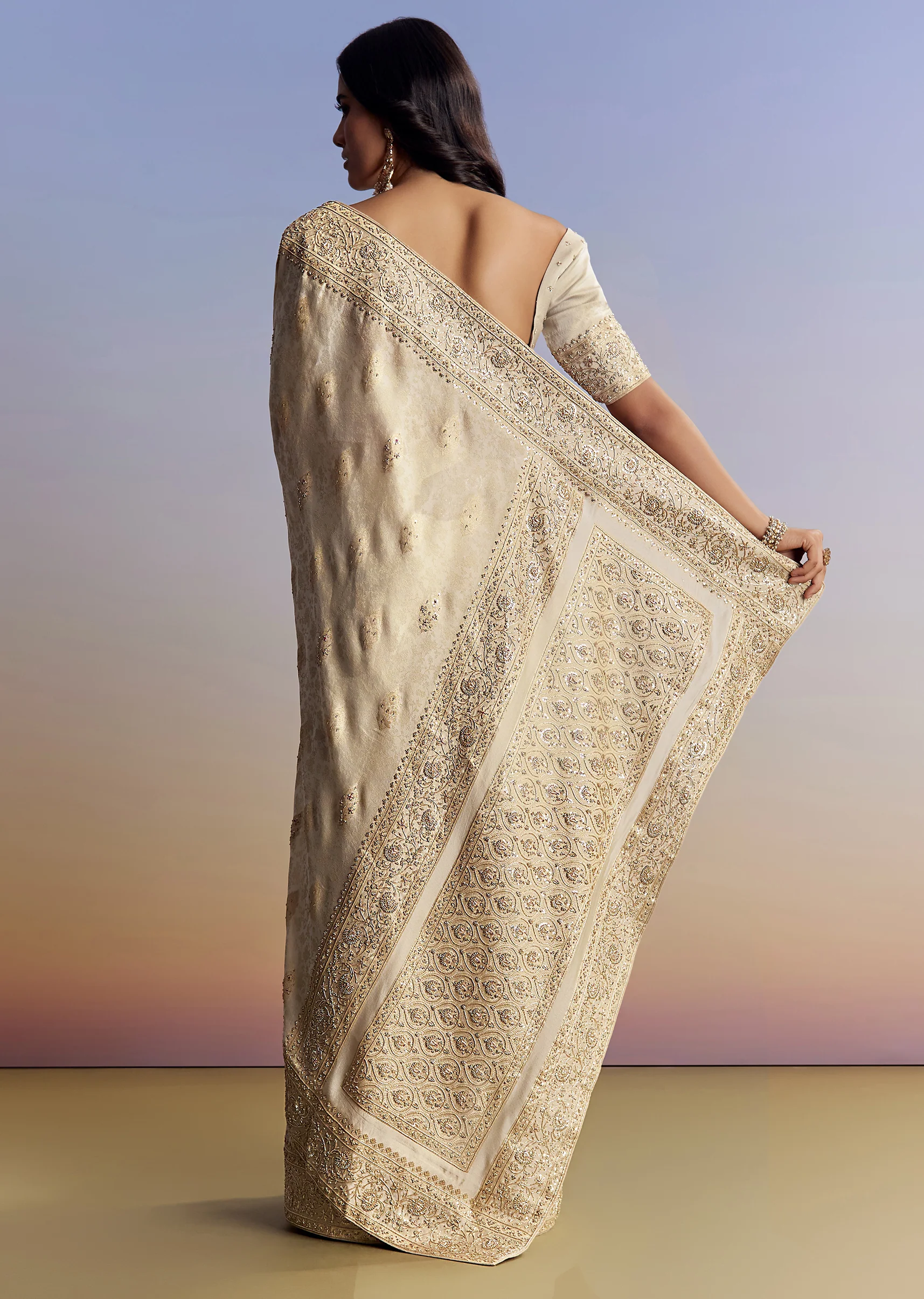 Cream Royal Duo – Jacquard Silk Saree For Her And Embroidered Jodhpuri Set For Him - Image 5