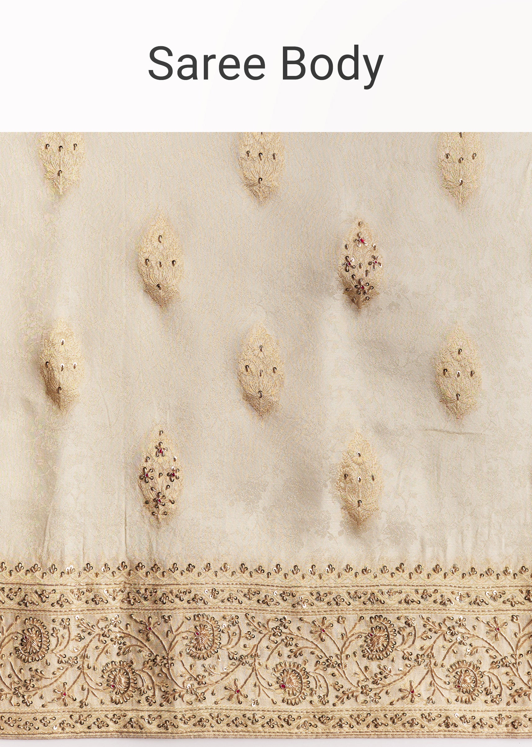 Cream Royal Duo – Jacquard Silk Saree For Her And Embroidered Jodhpuri Set For Him - Image 9