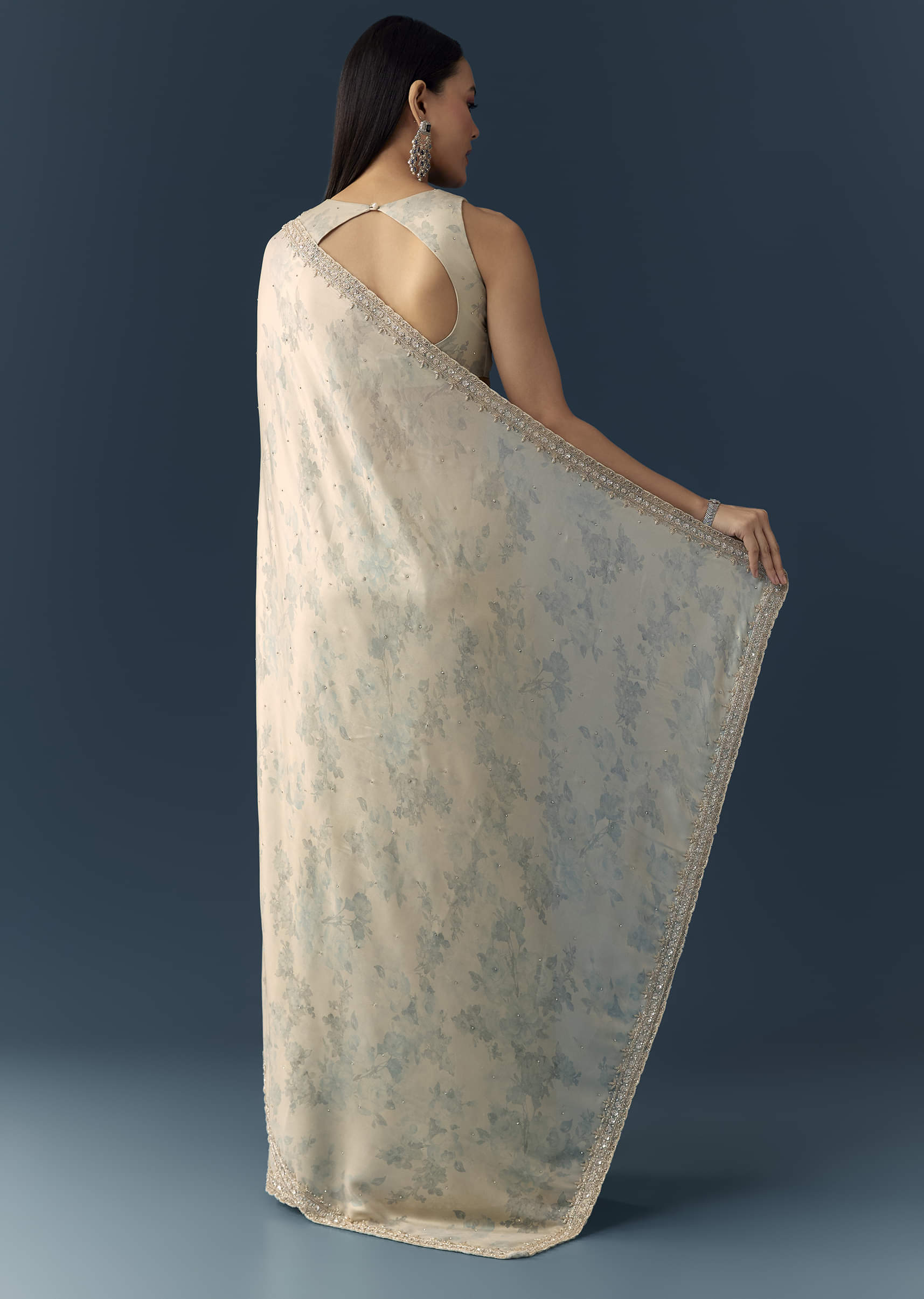Cream Satin Saree with Floral Print and Unstitched Blouse - Image 4