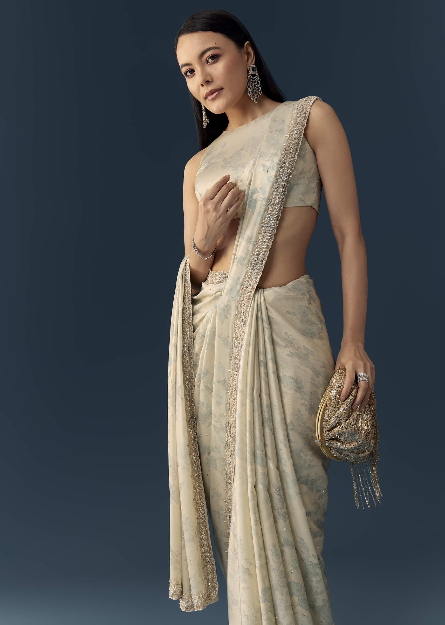 Cream Satin Saree with Floral Print and Unstitched Blouse - Image 5