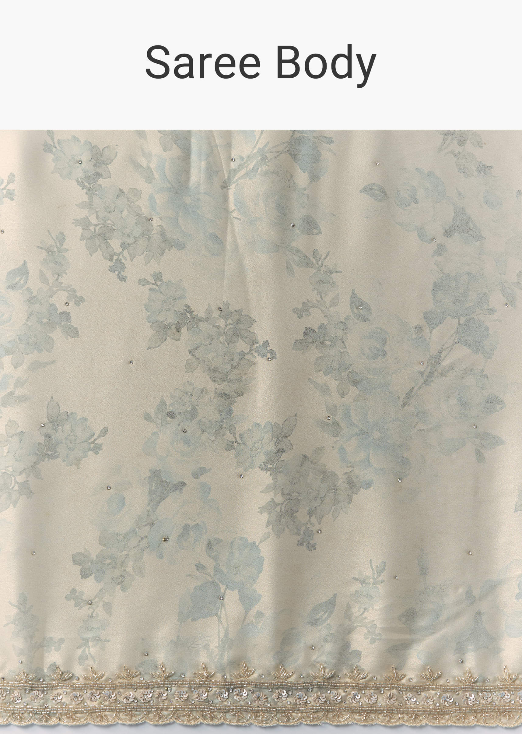 Cream Satin Saree with Floral Print and Unstitched Blouse - Image 9