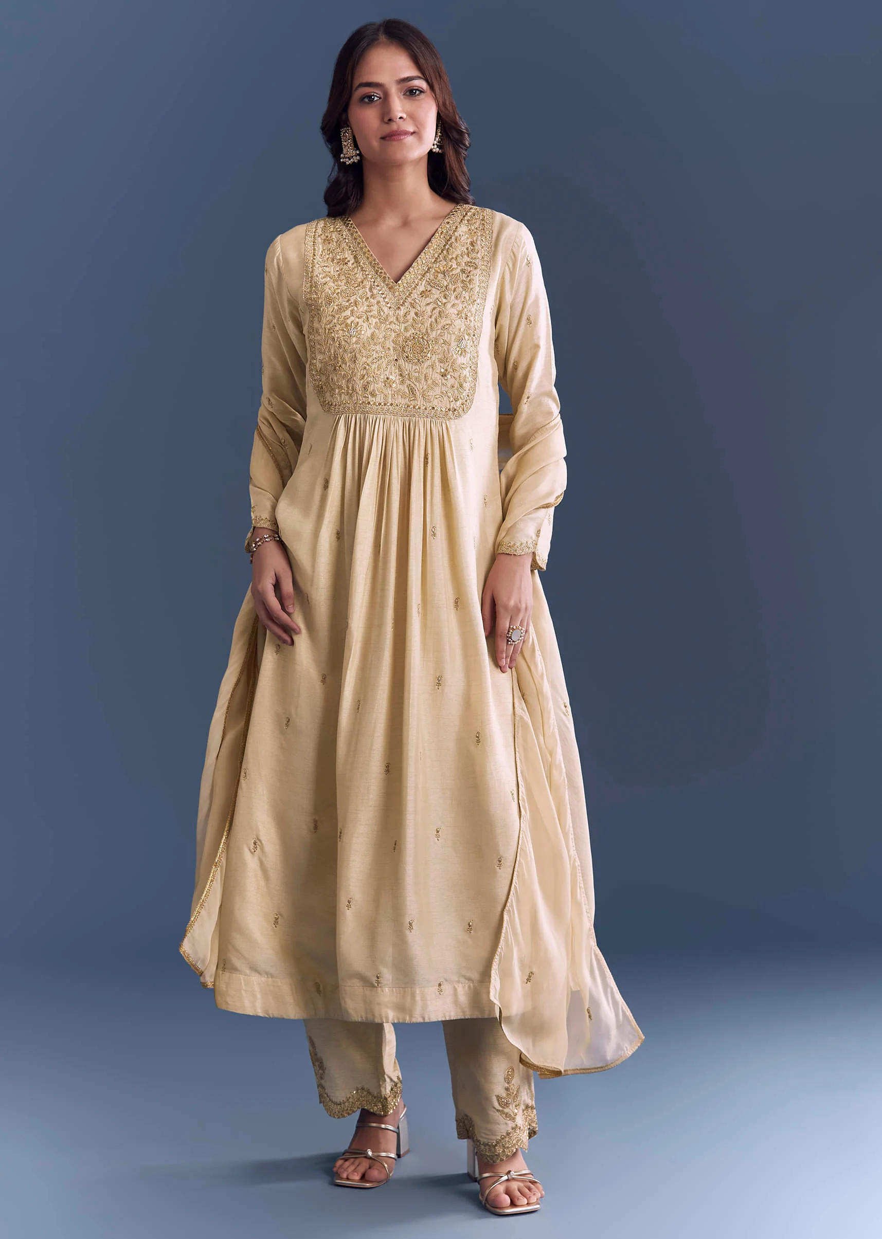 Cream Silk Anarkali Suit With Zari Thread Embroidery - Image 3