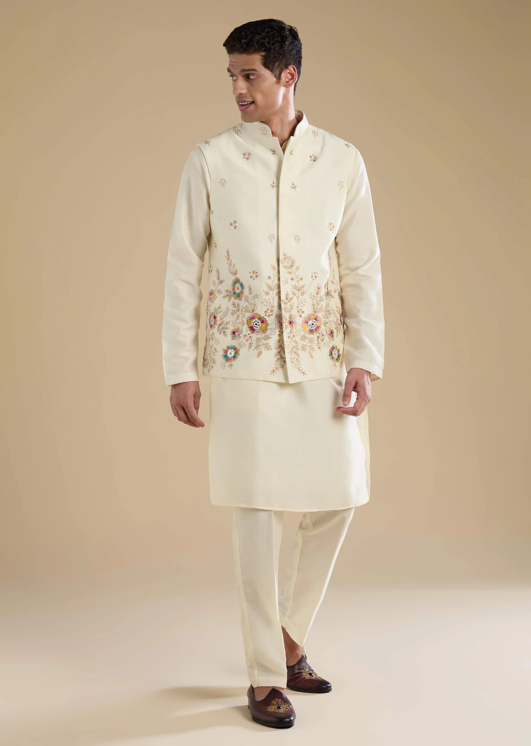 Cream Silk Jacket Kurta Set with Resham Work - Image 3