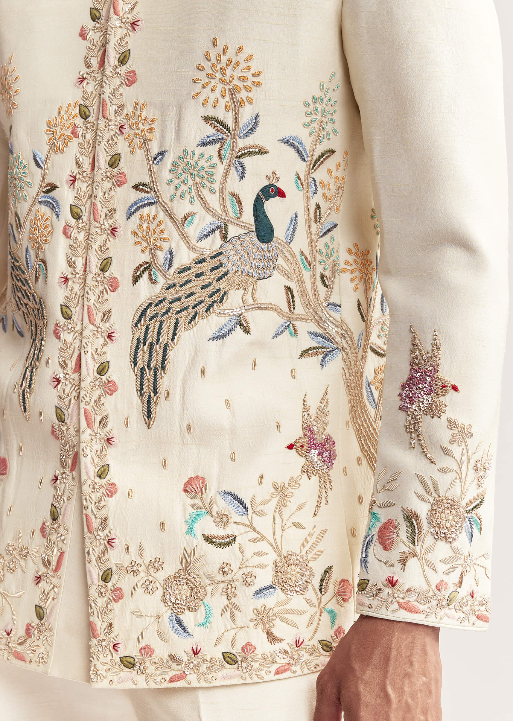 Cream Silk Jodhpuri Set For Men With Multicolour Peacock Embroidery - Image 2