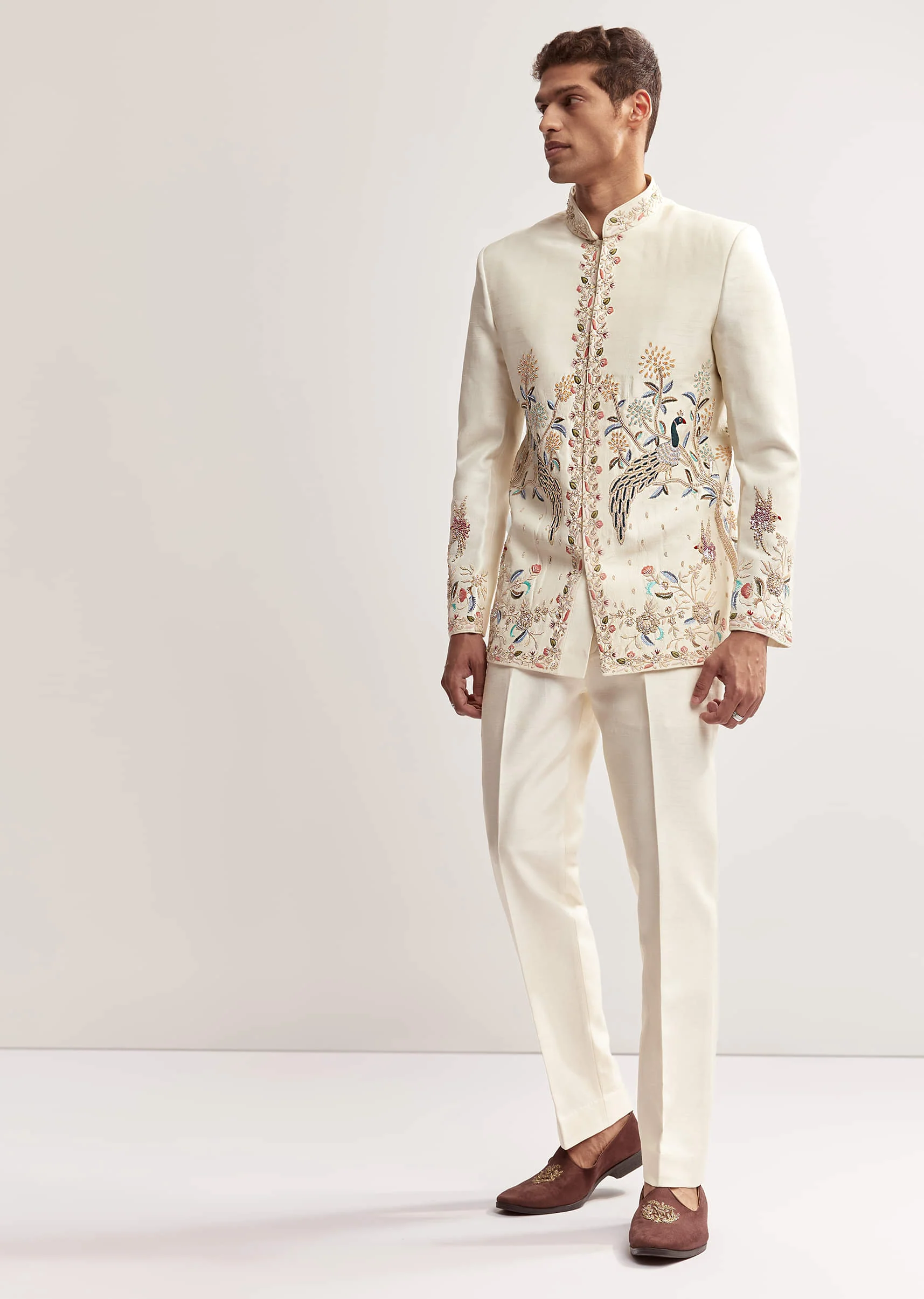 Cream Silk Jodhpuri Set For Men With Multicolour Peacock Embroidery - Image 3