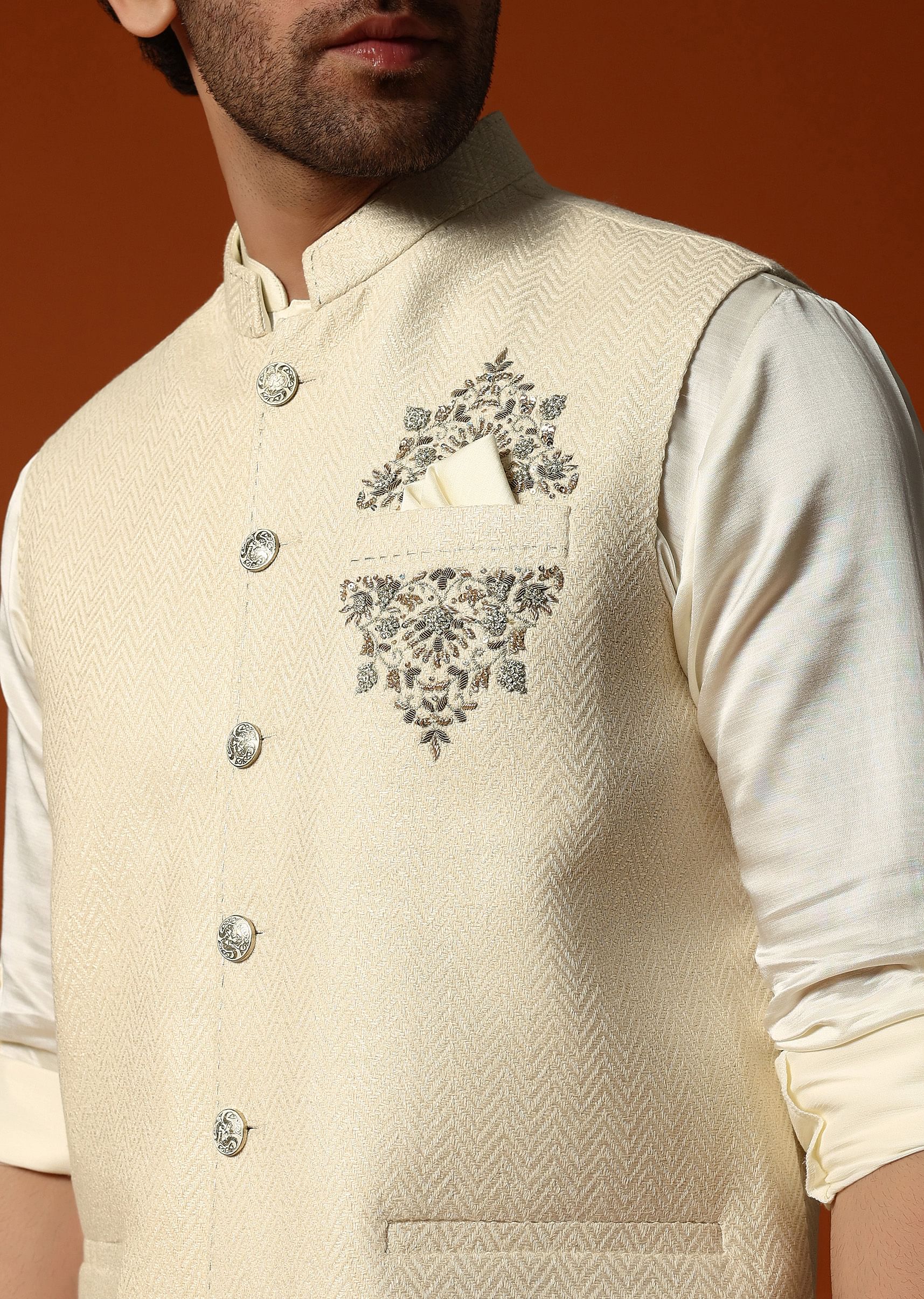Cream Silk Kurta Jacket Set For men - Image 2