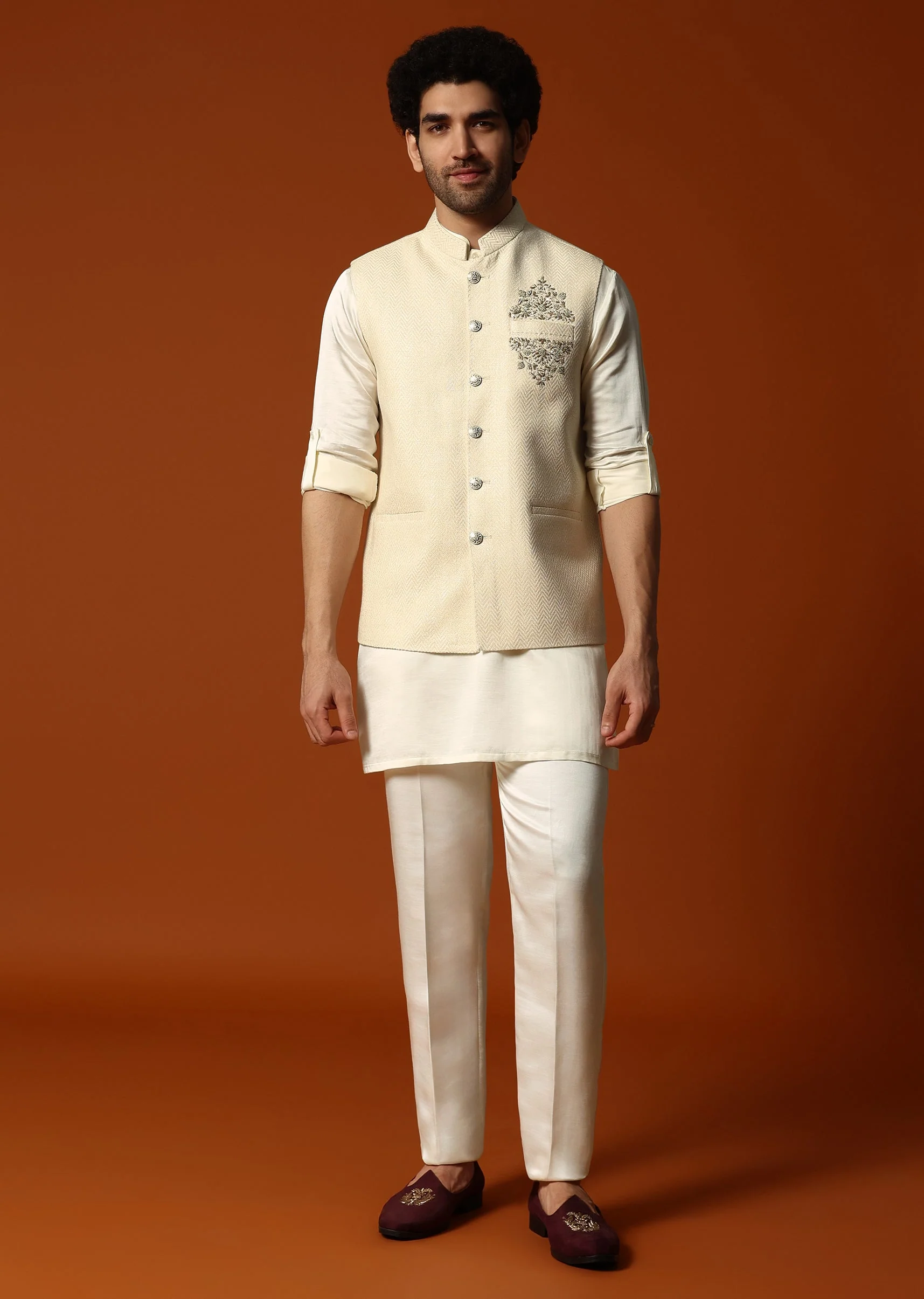 Cream Silk Kurta Jacket Set For men - Image 3