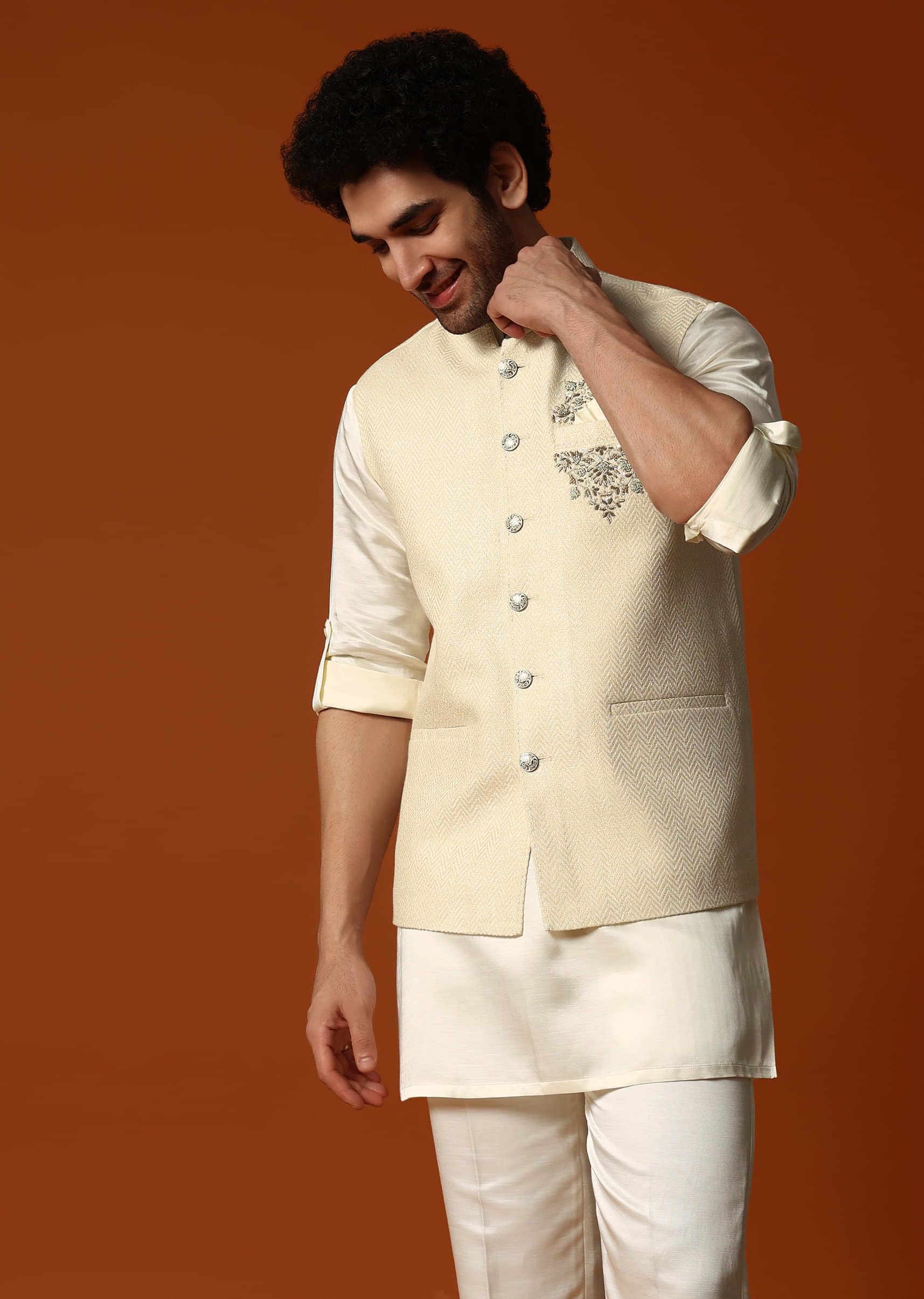 Cream Silk Kurta Jacket Set For men - Image 4