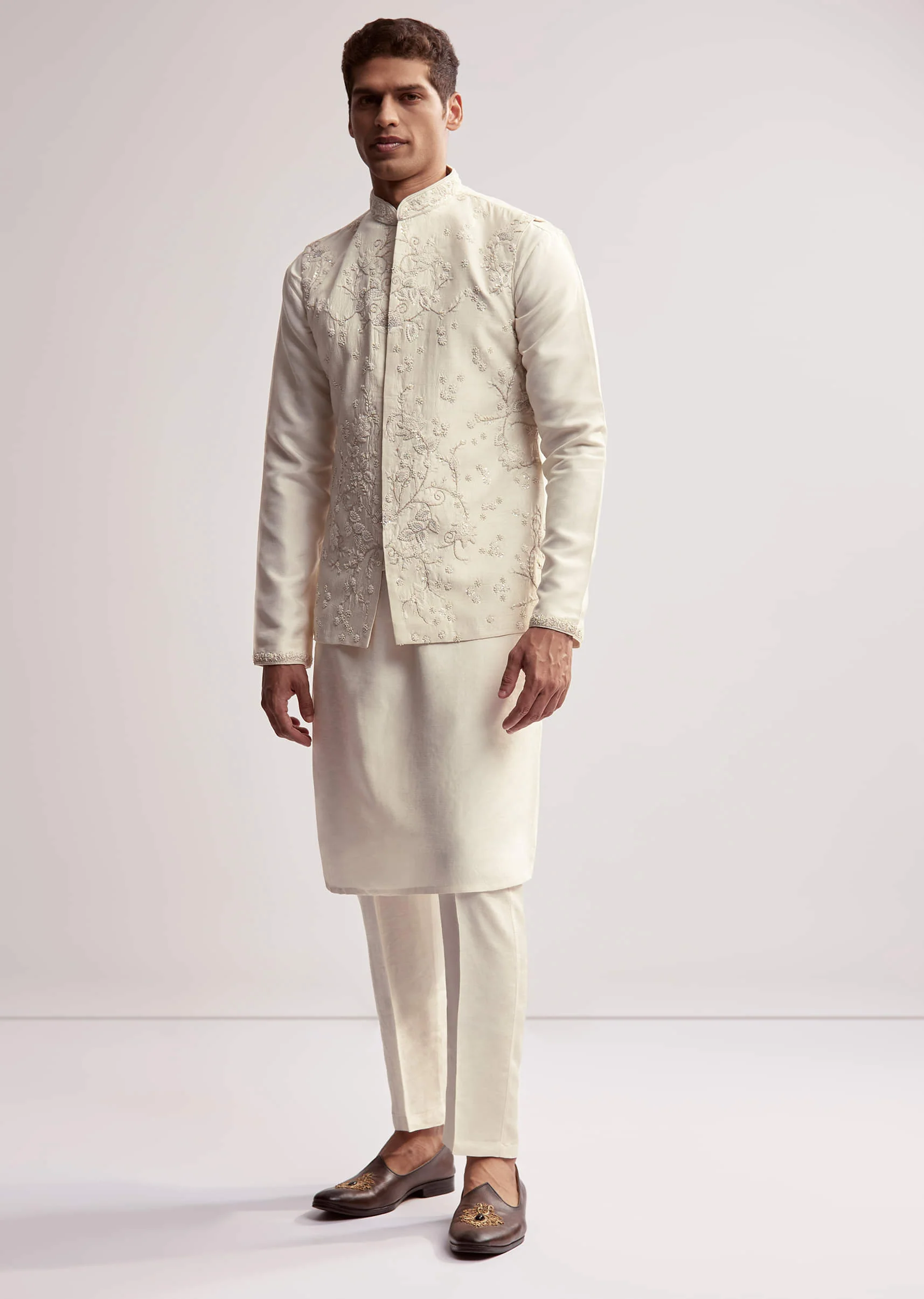 Cream Silk Kurta Jacket Set For Men With Floral Hand Embroidery