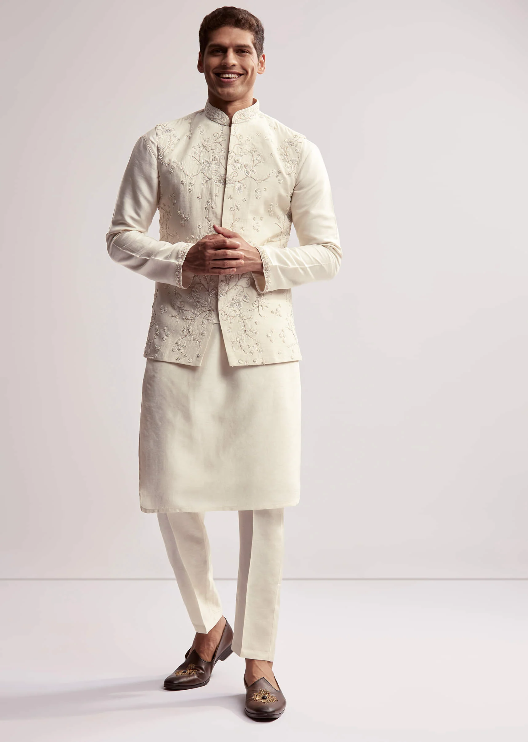 Cream Silk Kurta Jacket Set For Men With Floral Hand Embroidery - Image 3
