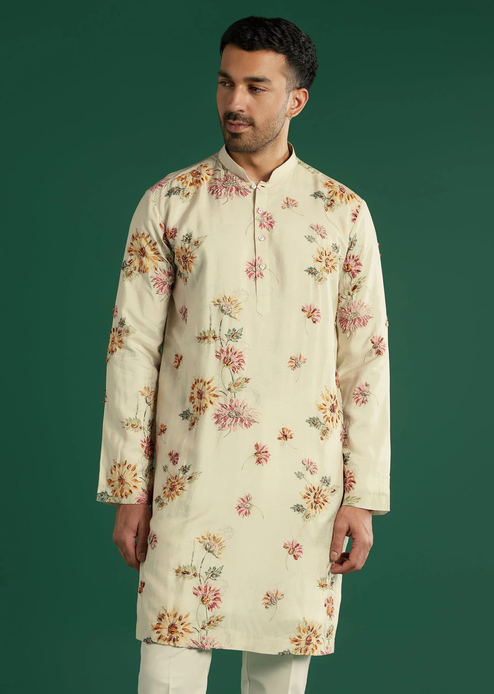 Cream Silk Kurta Set For Men With Floral Resham Work - Image 4
