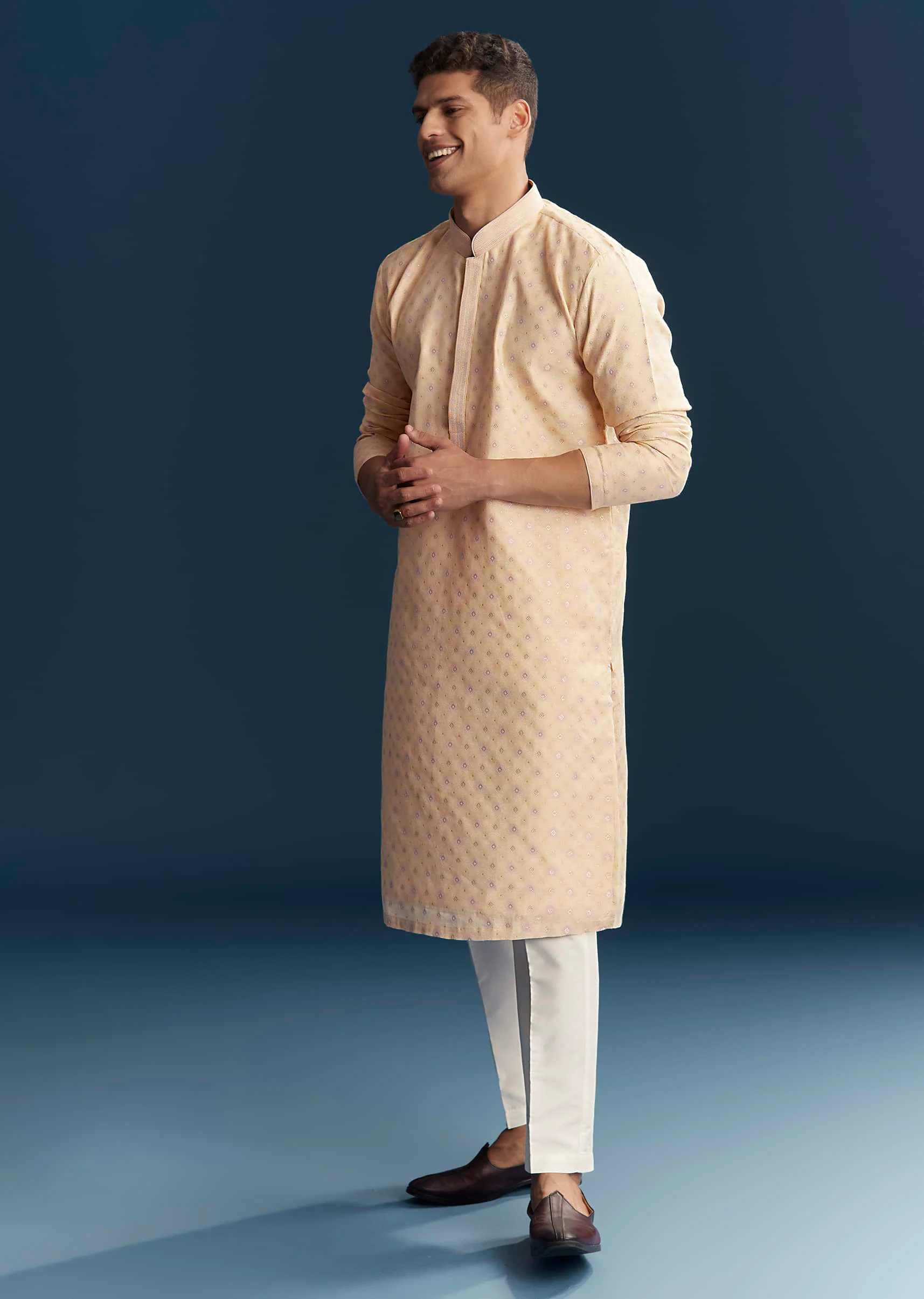 Cream Silk Kurta Set For Men With Subtle Motifs - Image 3