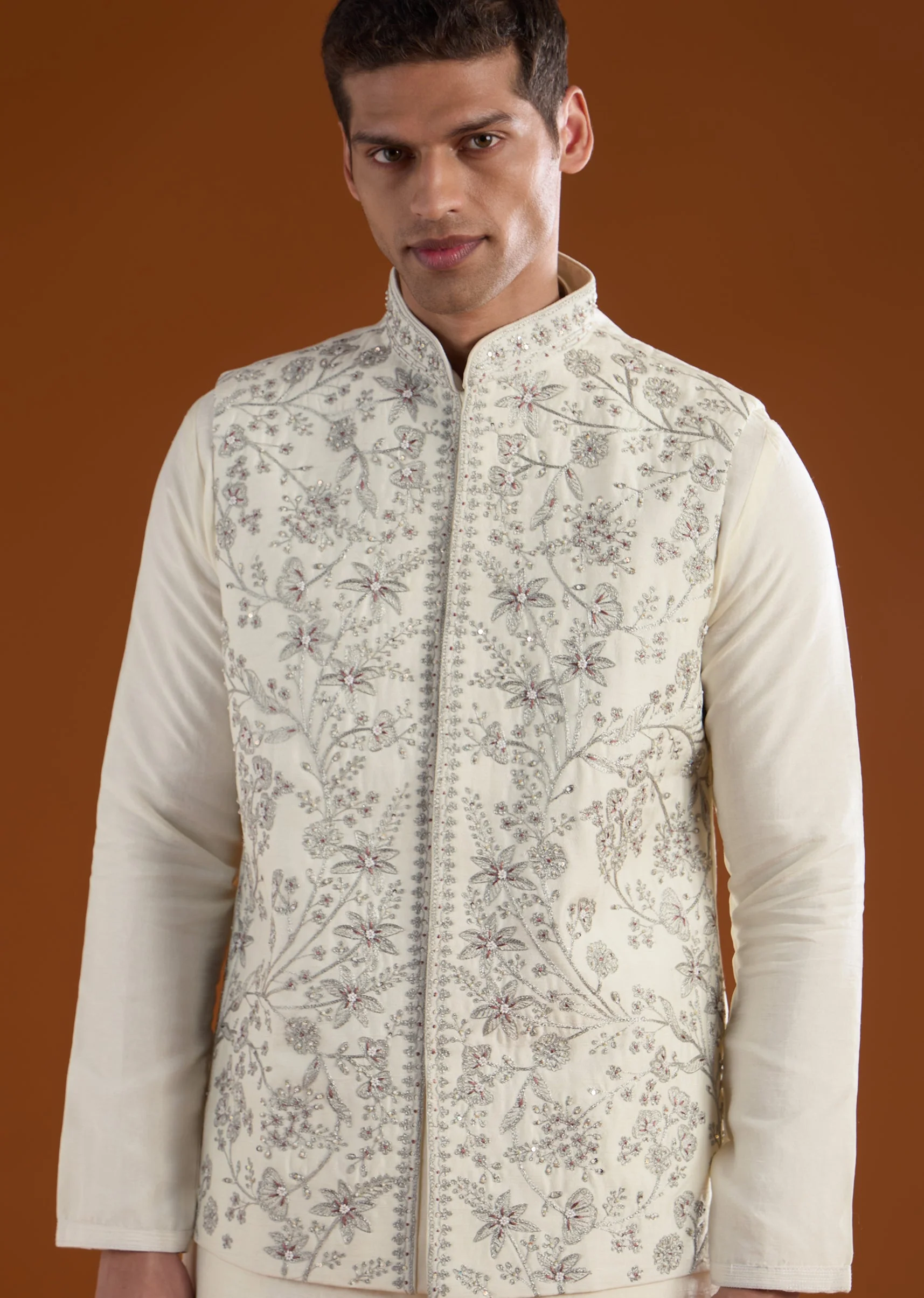 Cream Silk Mens Kurta Jacket Set With Thread Resham Moti And Sequins Work - Image 2