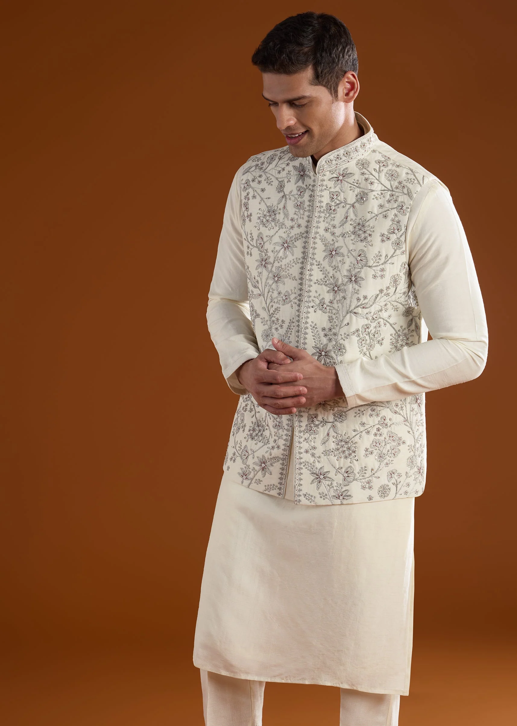 Cream Silk Mens Kurta Jacket Set With Thread Resham Moti And Sequins Work - Image 4