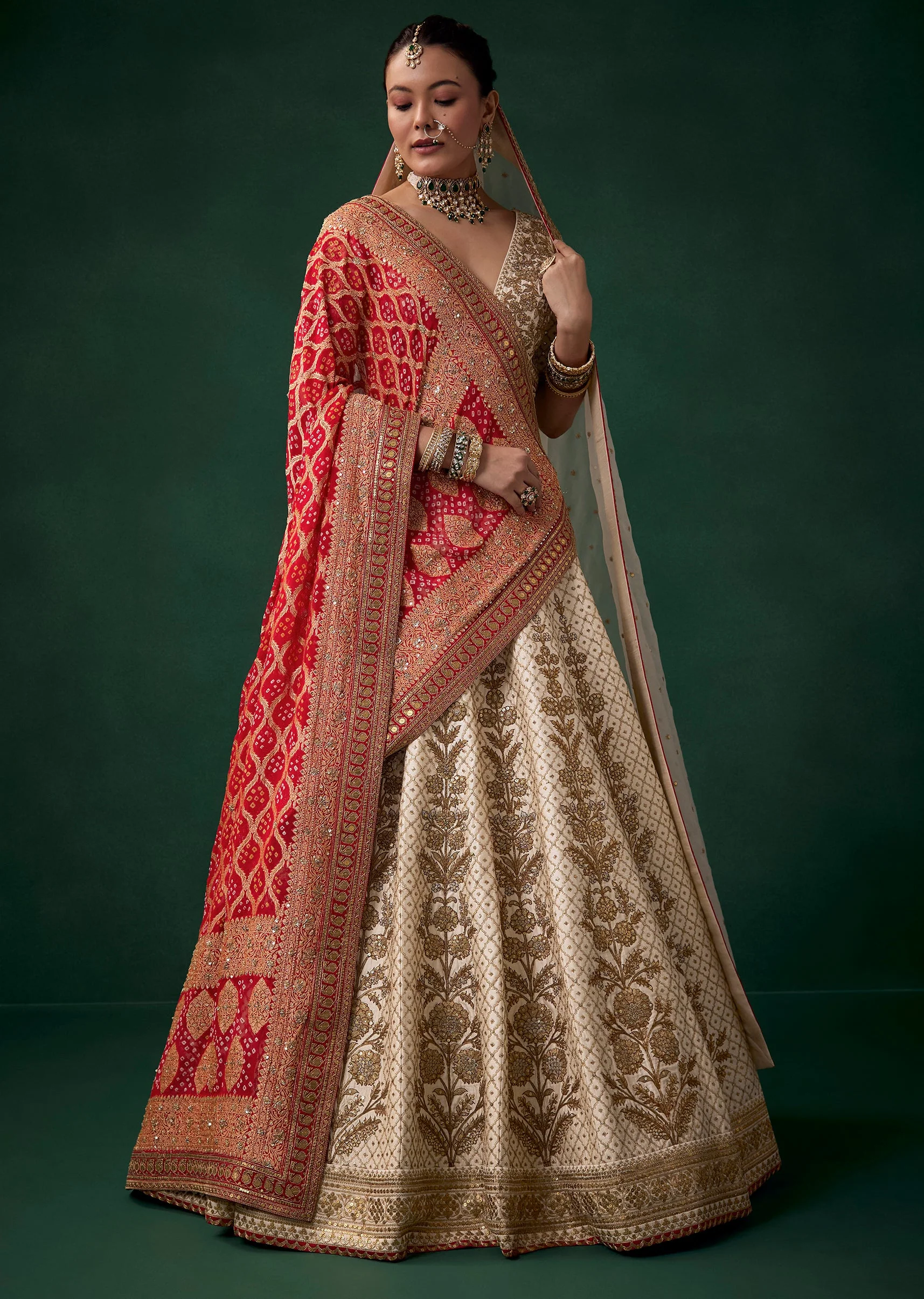 Cream Silk Panetar Bridal Lehenga With Embroidery And Two Dupattas