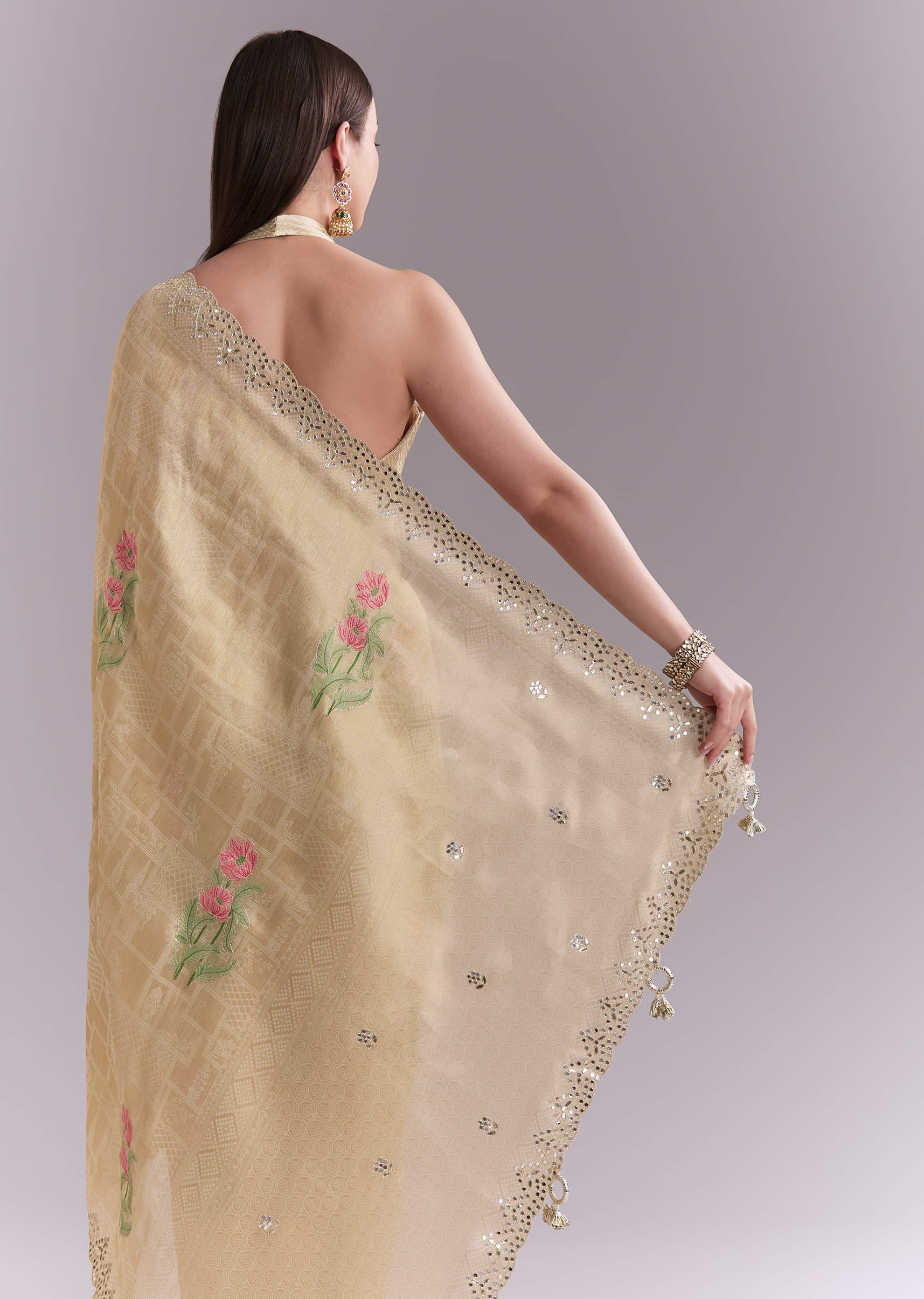 Cream Silk Saree With Floral Motifs And Gota Work - Image 6