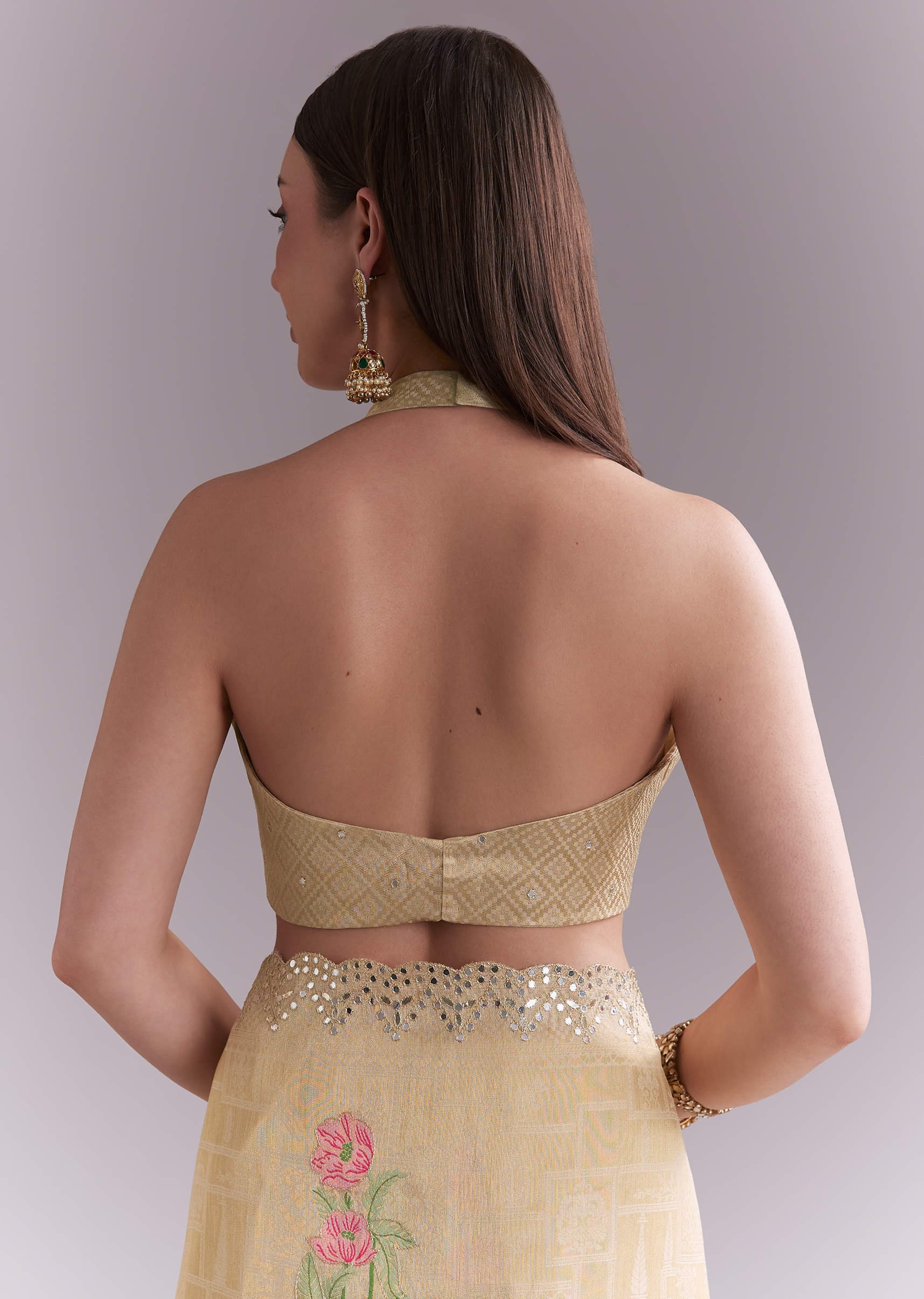 Cream Silk Saree With Floral Motifs And Gota Work - Image 8
