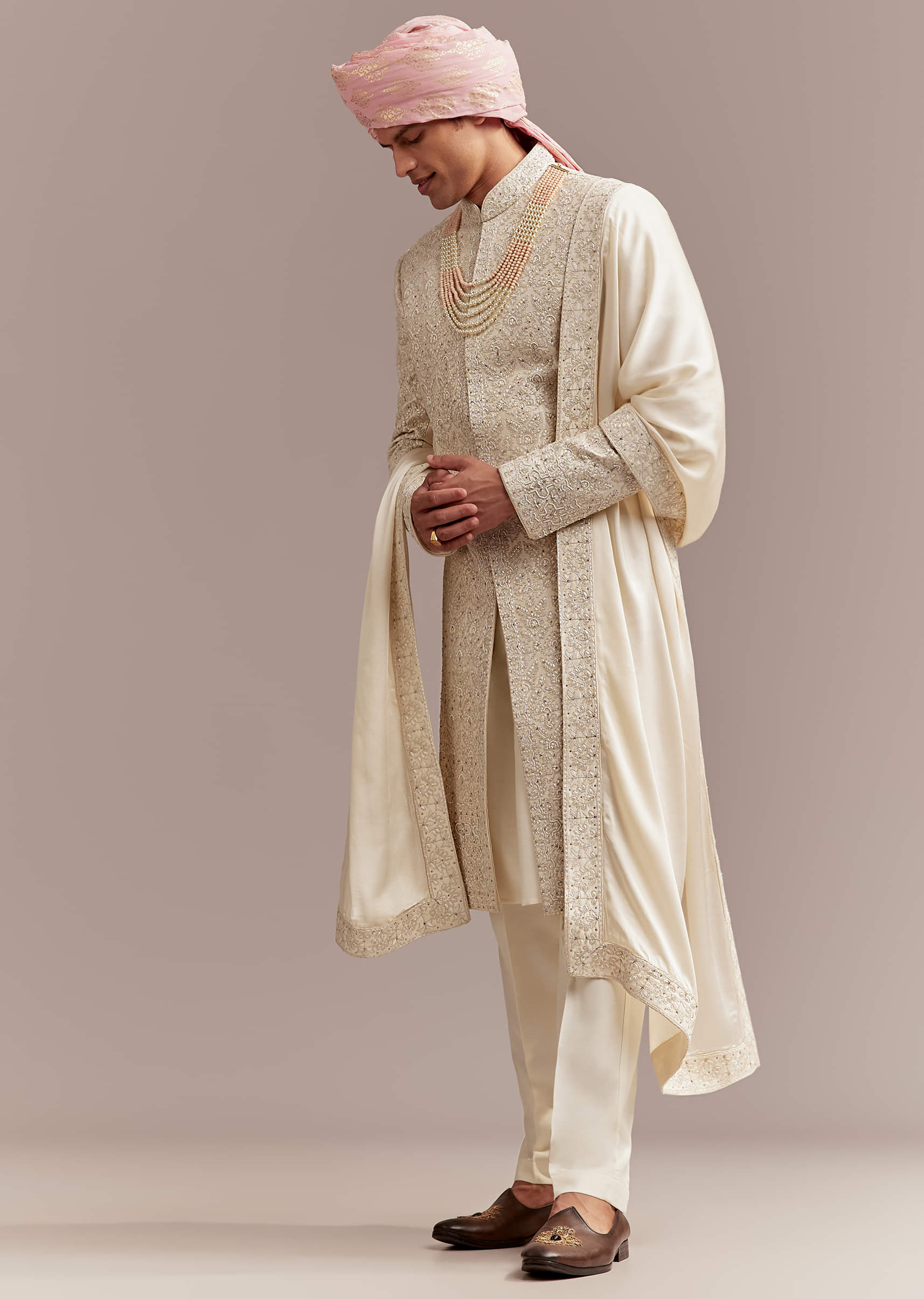 Cream Silk Sherwani For Groom With Floral And Geometric Embroidery - Image 3