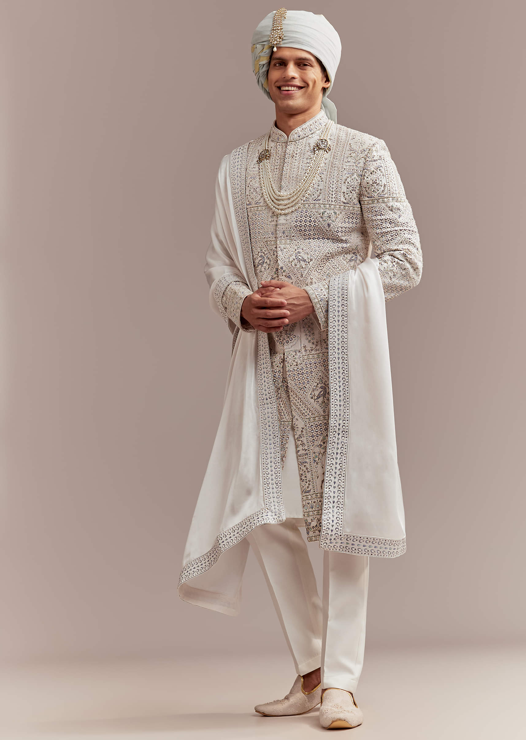 Cream Silk Sherwani For Groom With Handcrafted Embroidery - Image 3