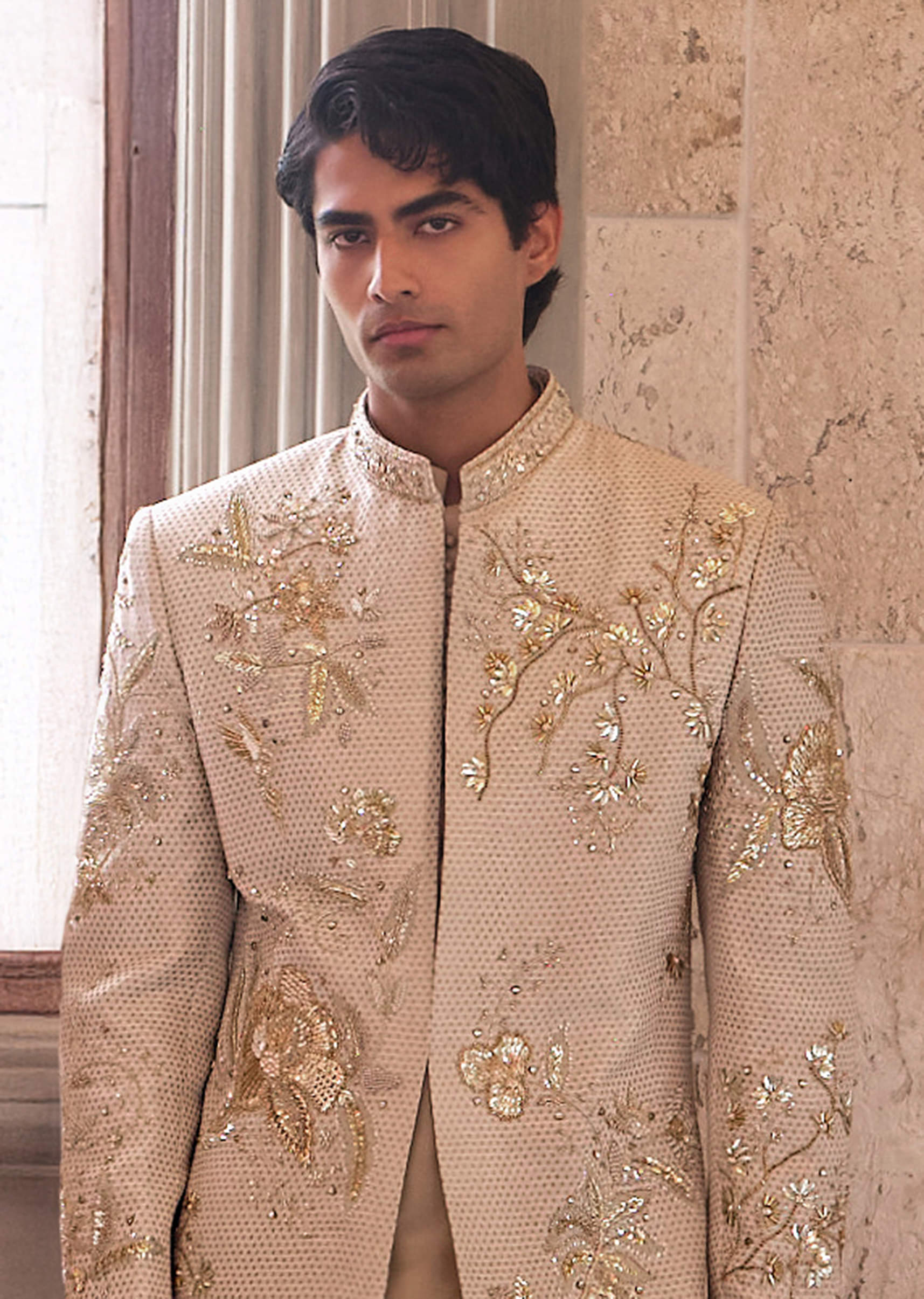 Cream Silk Sherwani For Groom With Intricate Zardosi Embroidery - Image 2