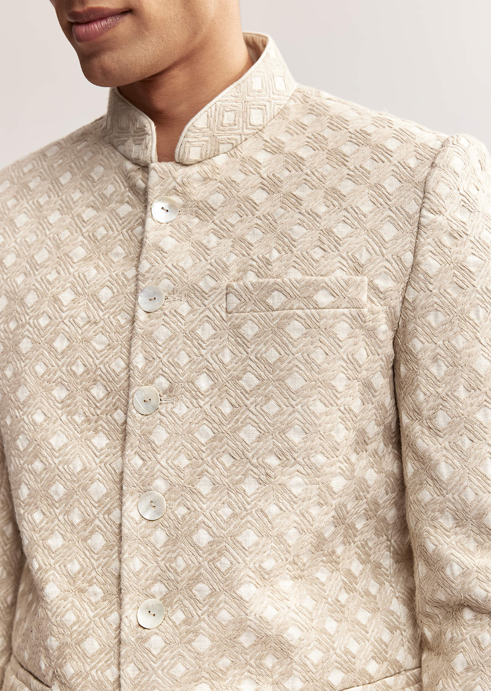 Cream Textured Linen Jodhpuri Set For Men - Image 3