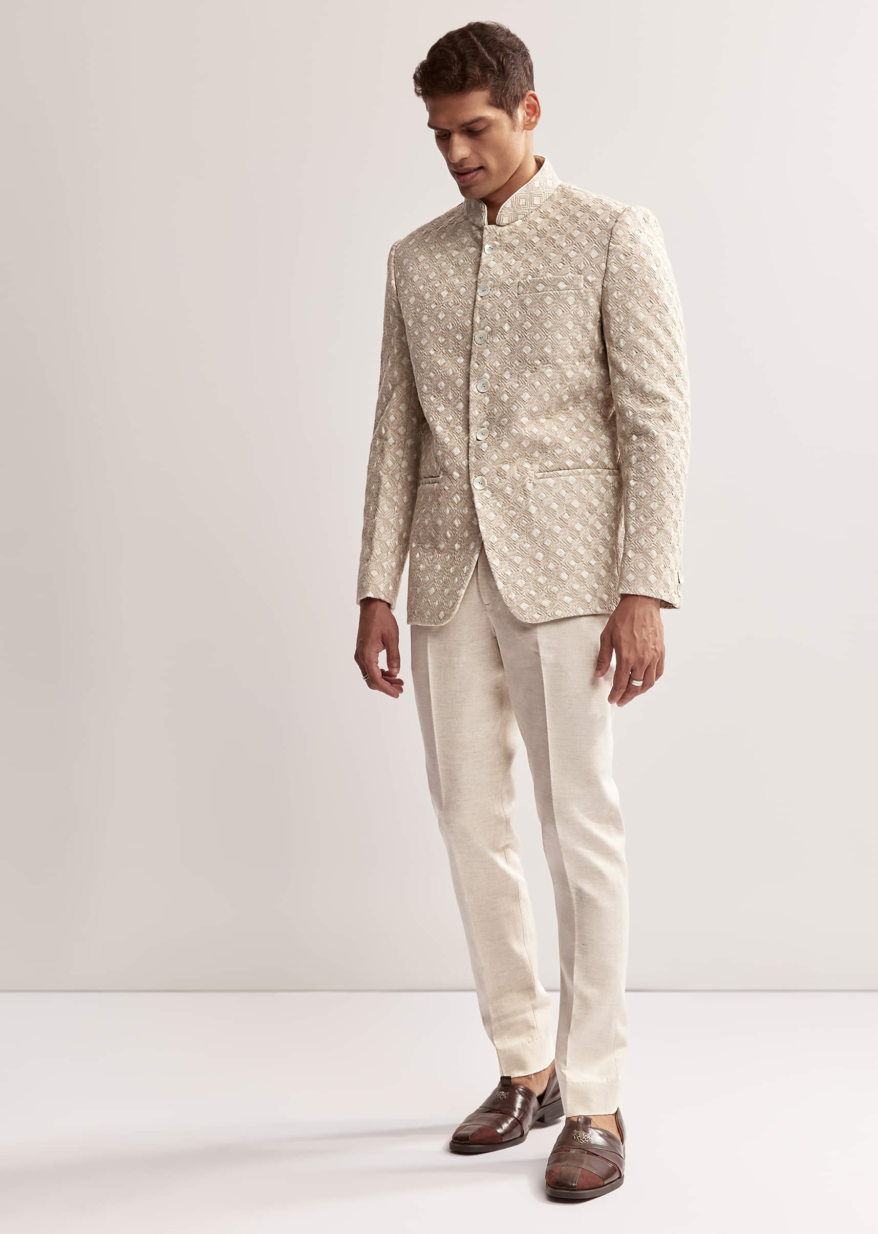 Cream Textured Linen Jodhpuri Set For Men - Image 4