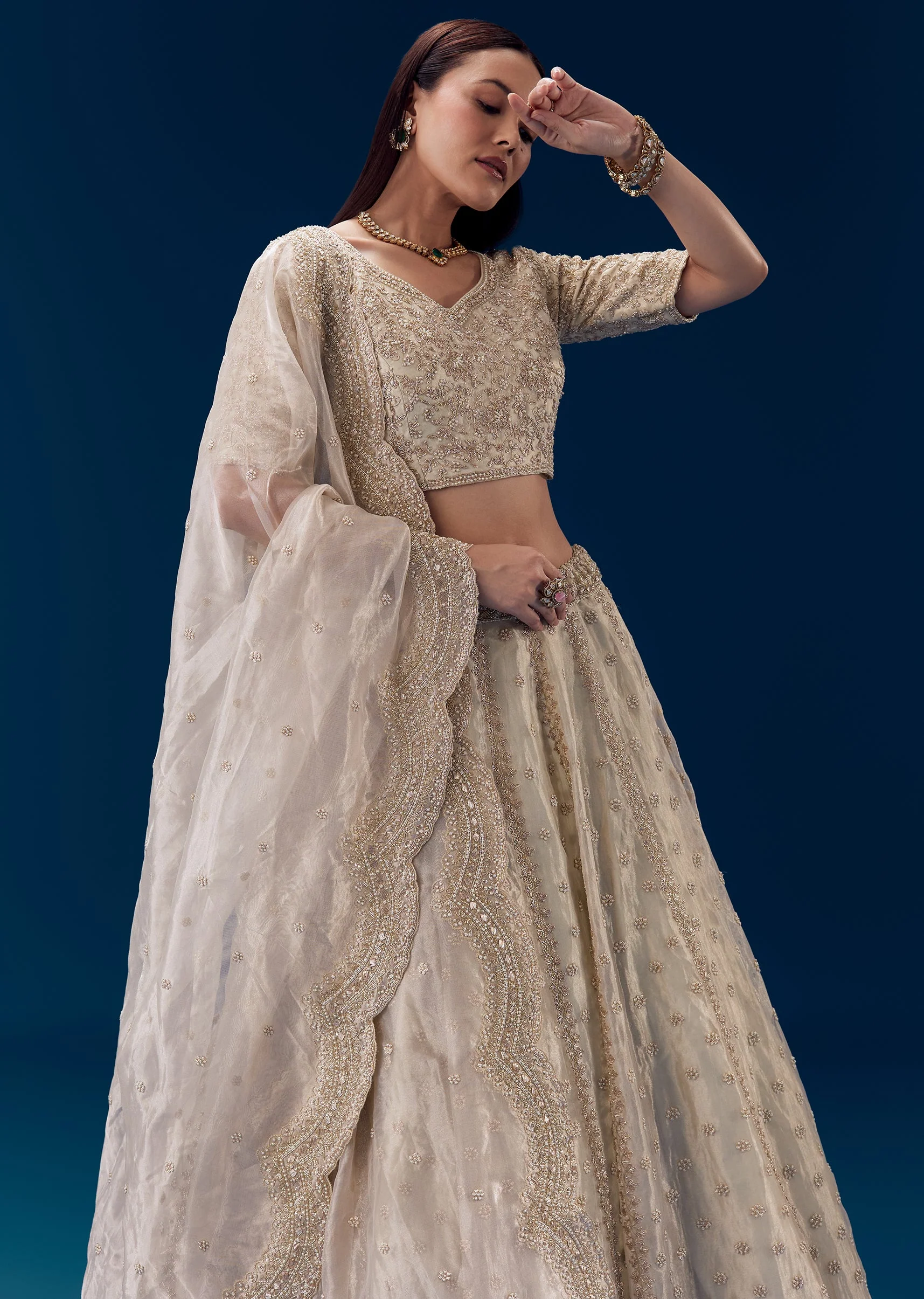 Cream Thread Embroidered Bridal Lehenga Set - Image 5