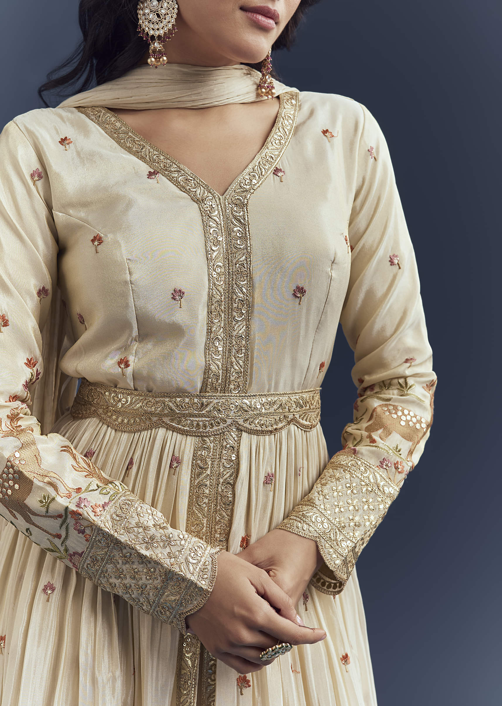 Cream Tissue Anarkali Suit With Delicate Resham Embroidery - Image 2