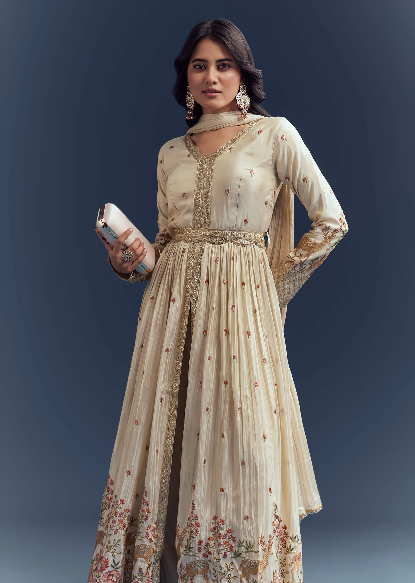Cream Tissue Anarkali Suit With Delicate Resham Embroidery - Image 5