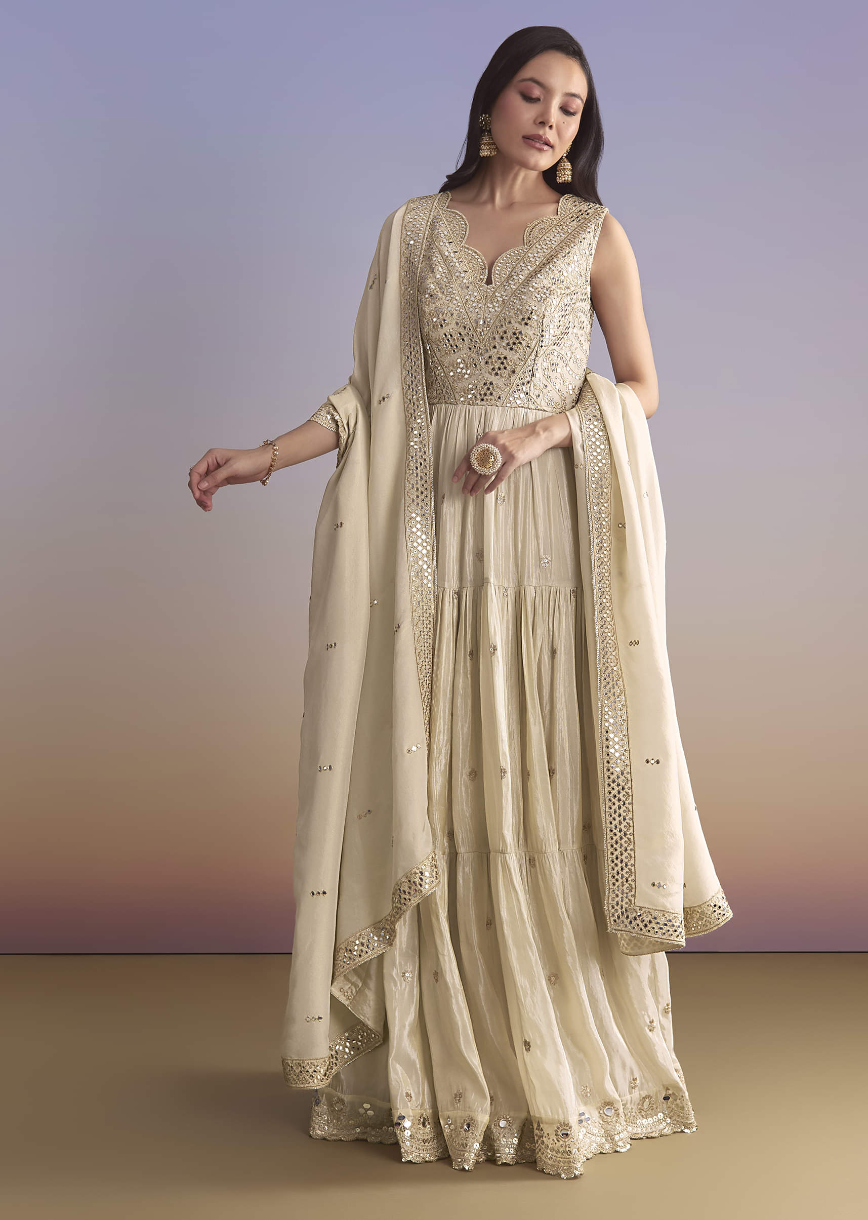 Cream Tissue Anarkali Suit With Zari Work