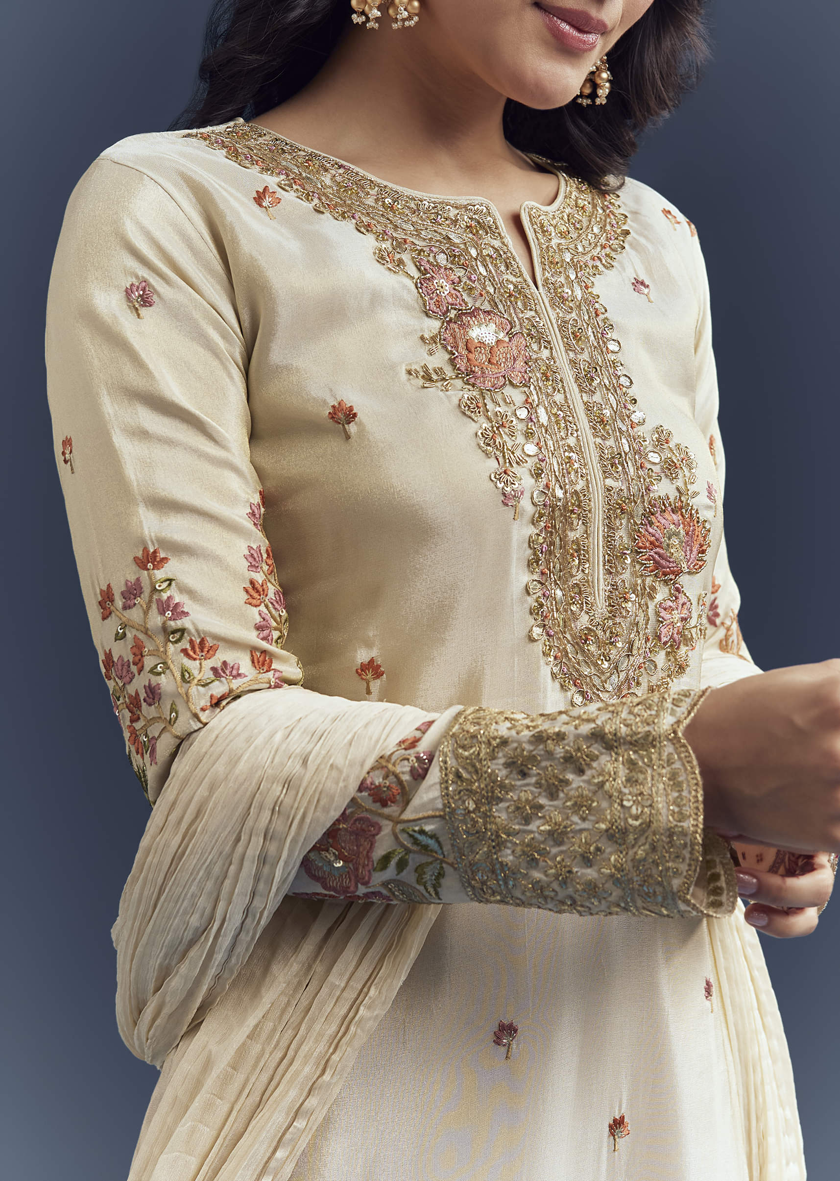 Cream Tissue Kurta Set With Resham And Zardosi Work - Image 2