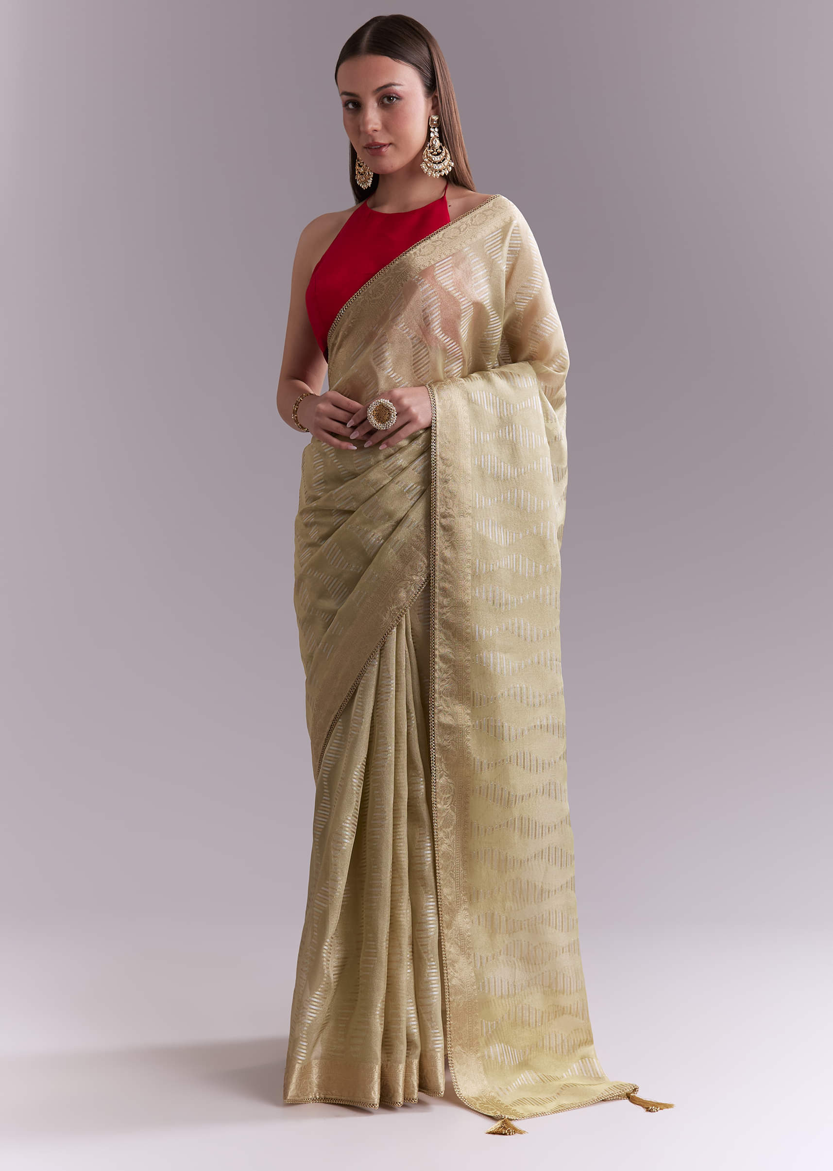Cream Tissue Saree With Subtle Weave And Zari Border - Image 3
