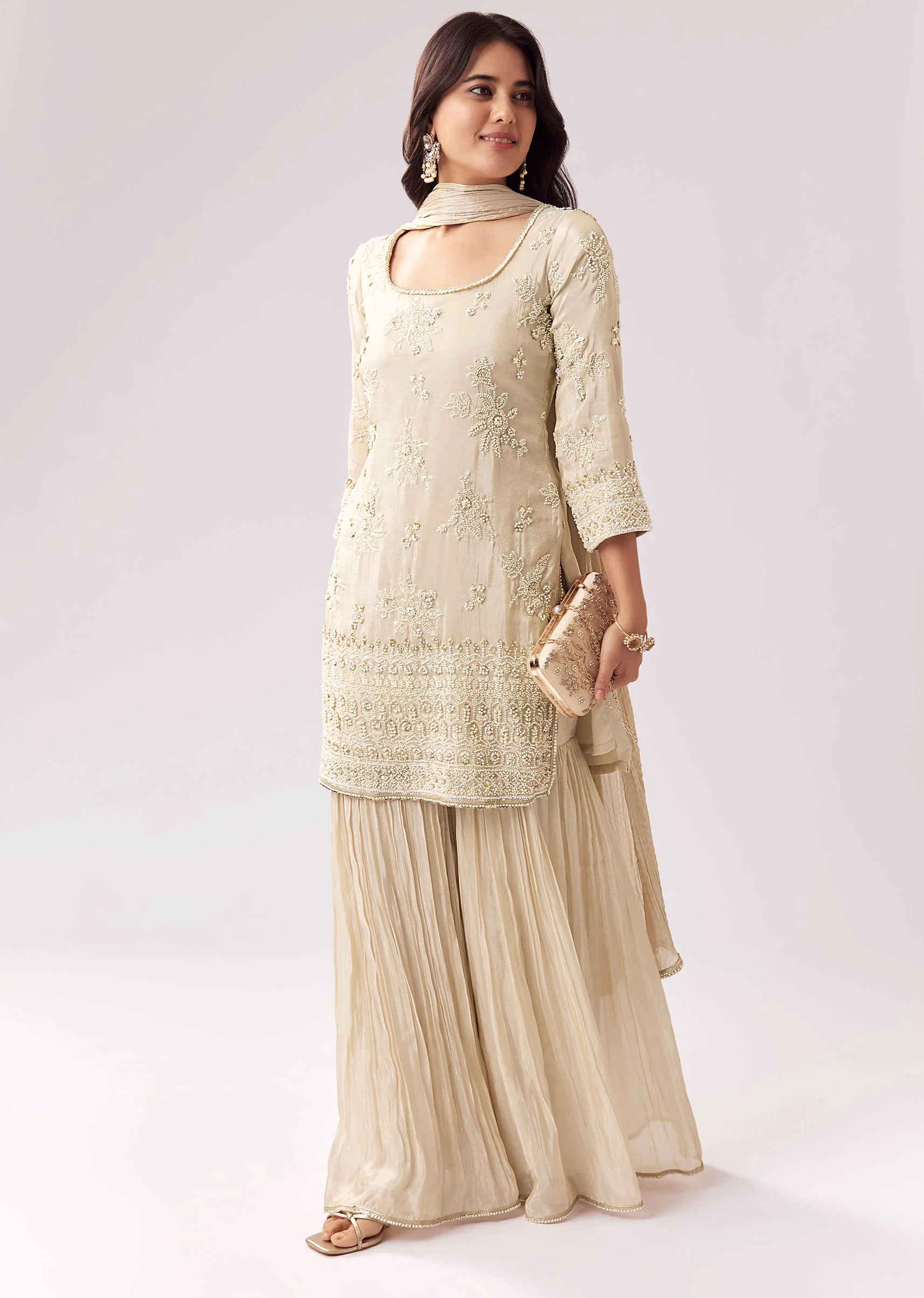 Cream Tissue Sharara Set With Bead And Sequin