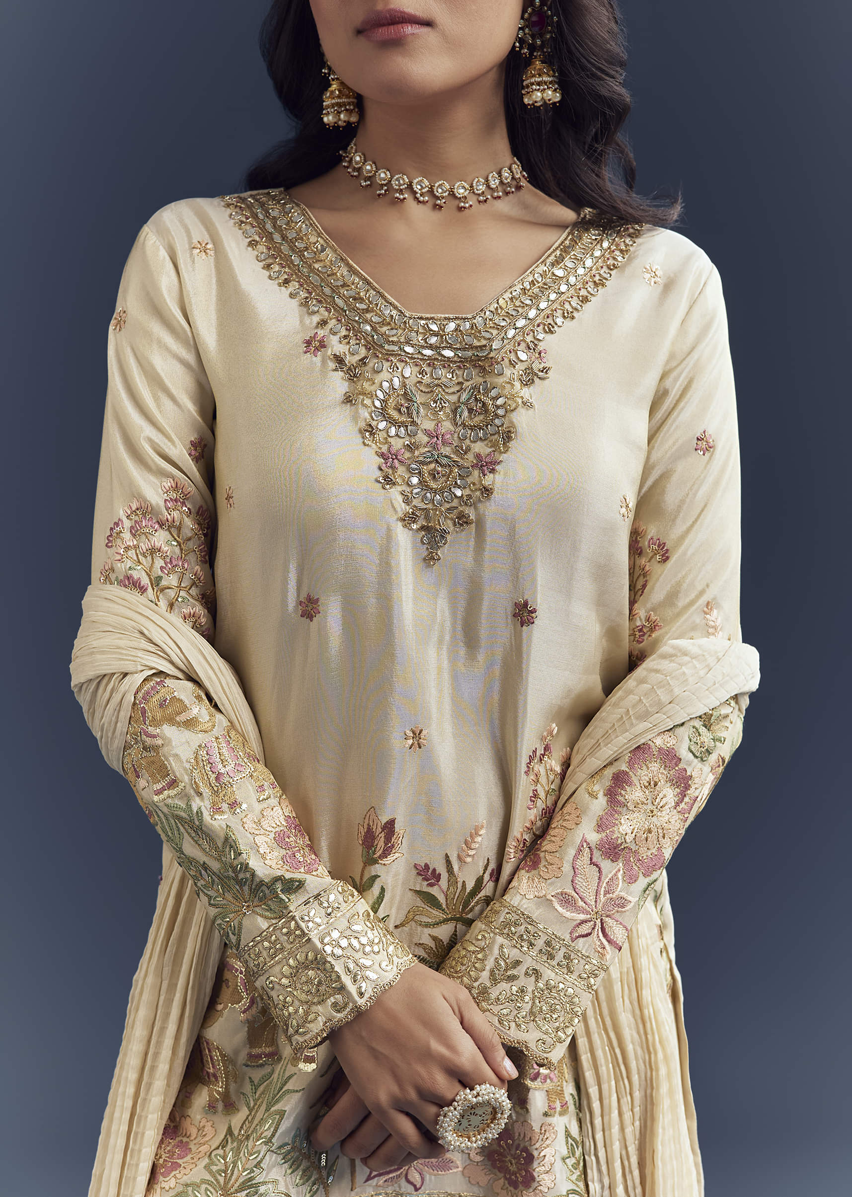 Cream Tissue Sharara Suit With Resham Hand Embroidery - Image 2