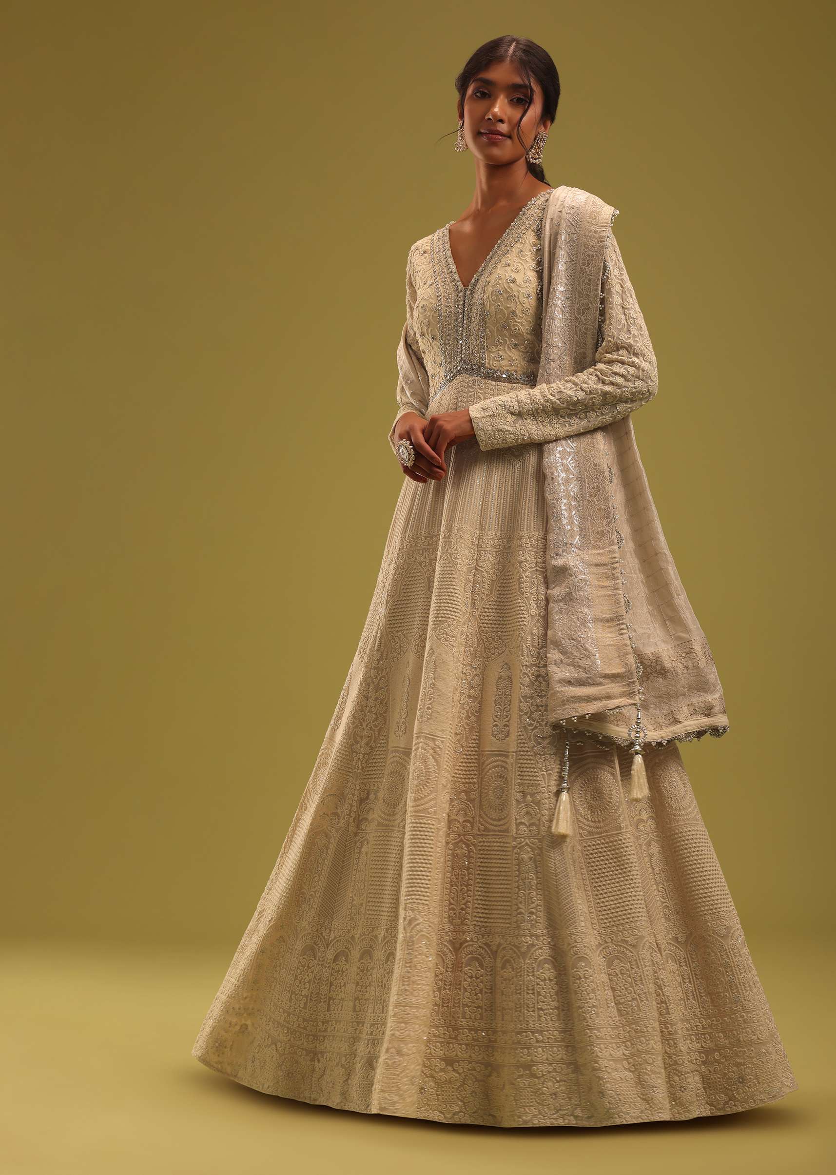 Cream White Anarkali Set In Georgette With Lucknowi Work - Image 12