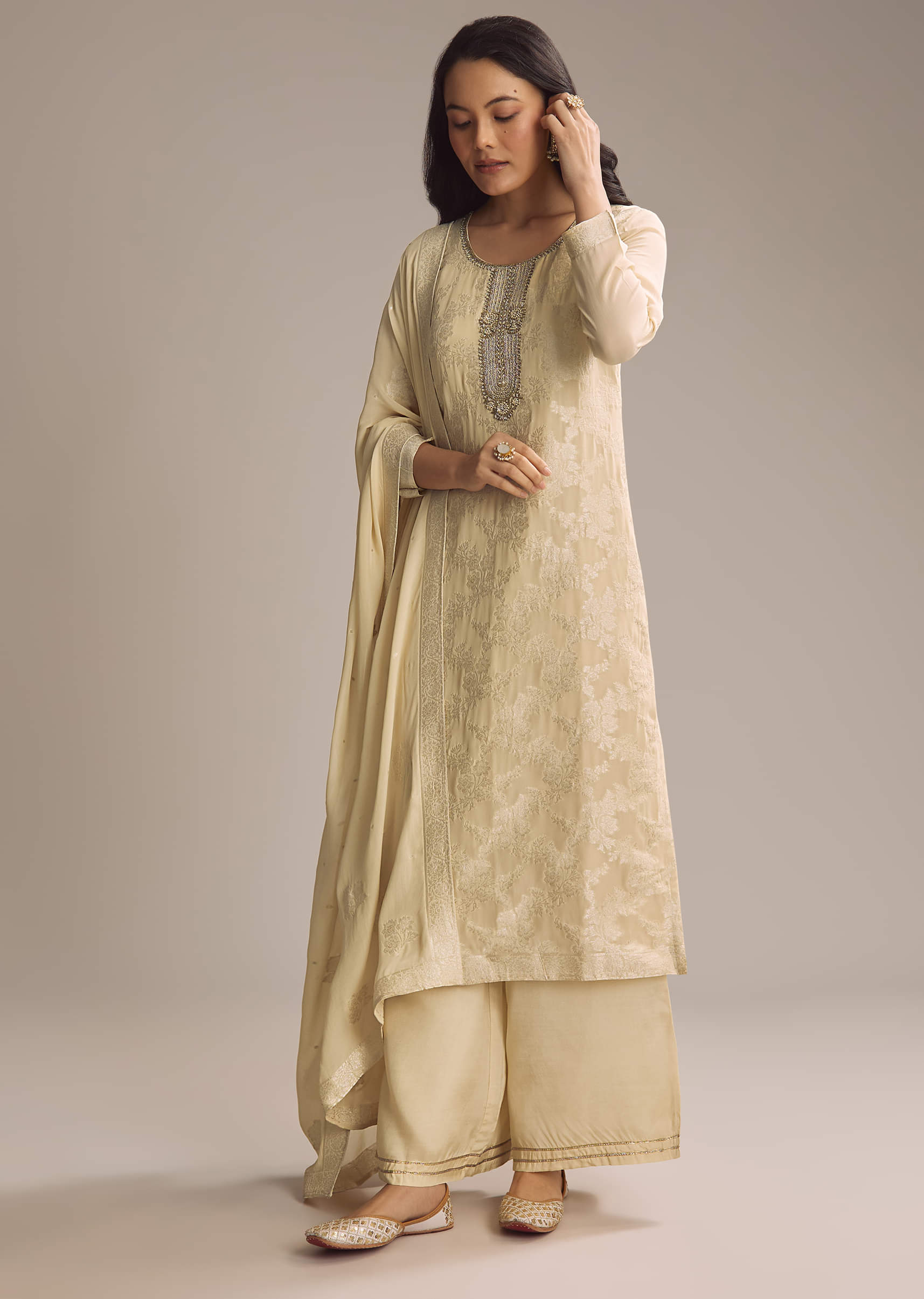 Cream White Banarasi Georgette Palazzo Suit - Image 2