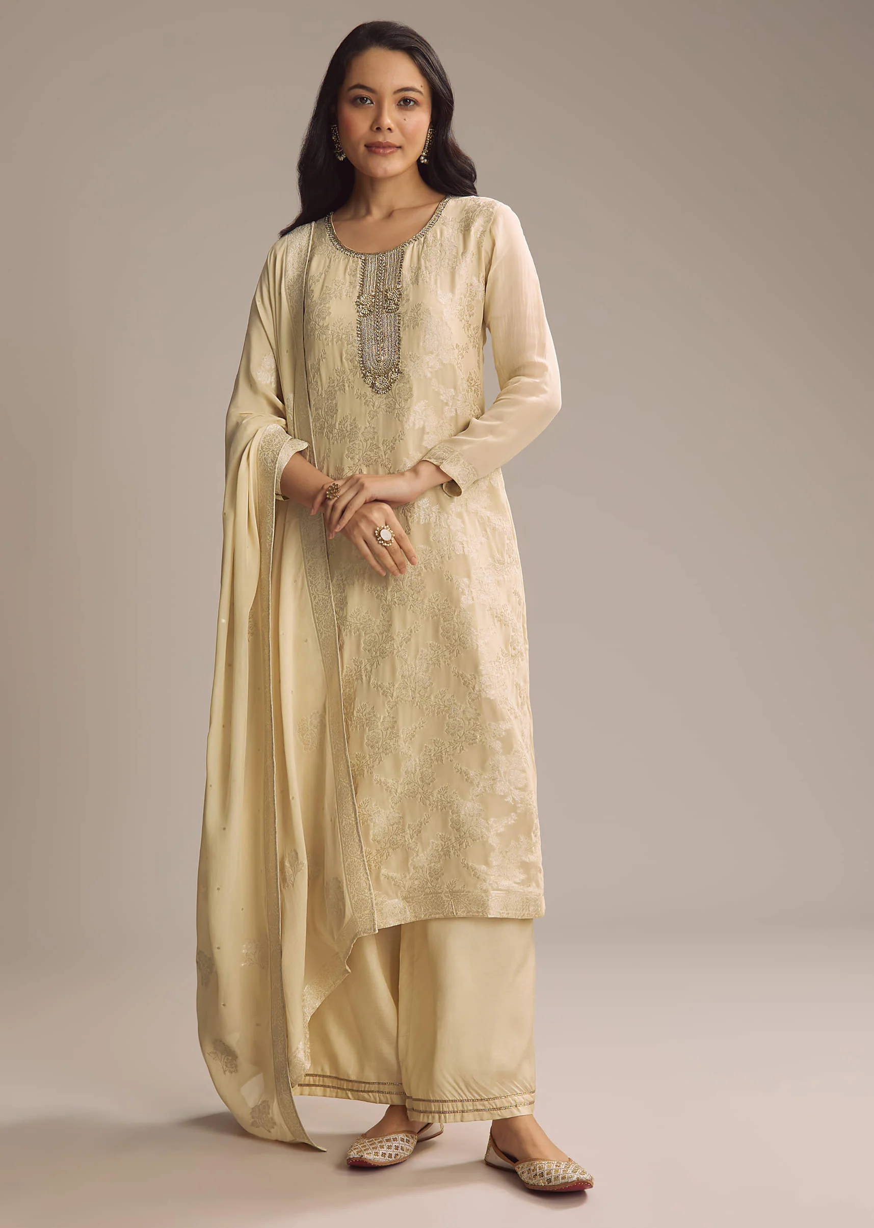Cream White Banarasi Georgette Palazzo Suit - Image 3