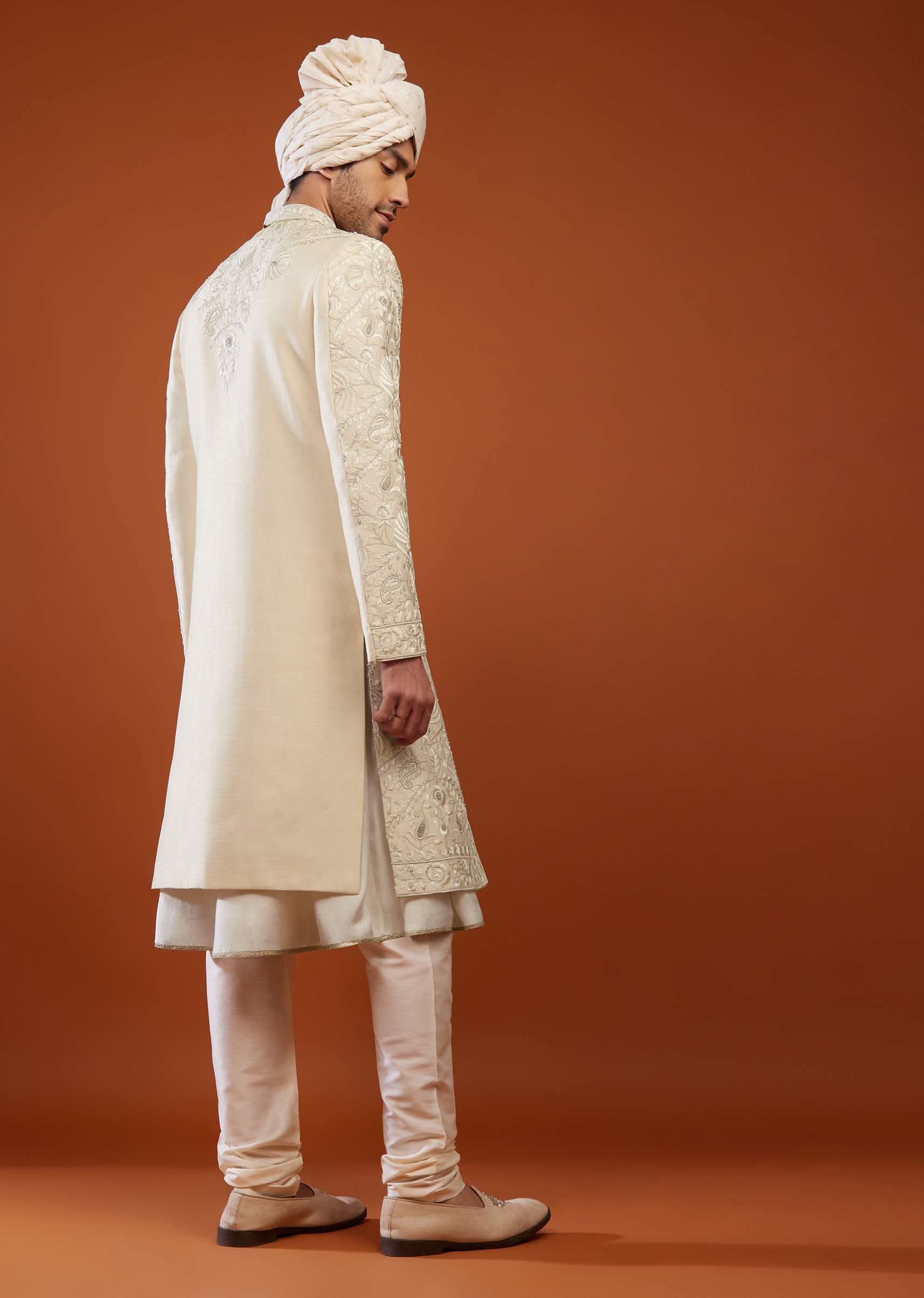 Cream White Embroidered Sherwani Set In Tussar Silk - Image 5