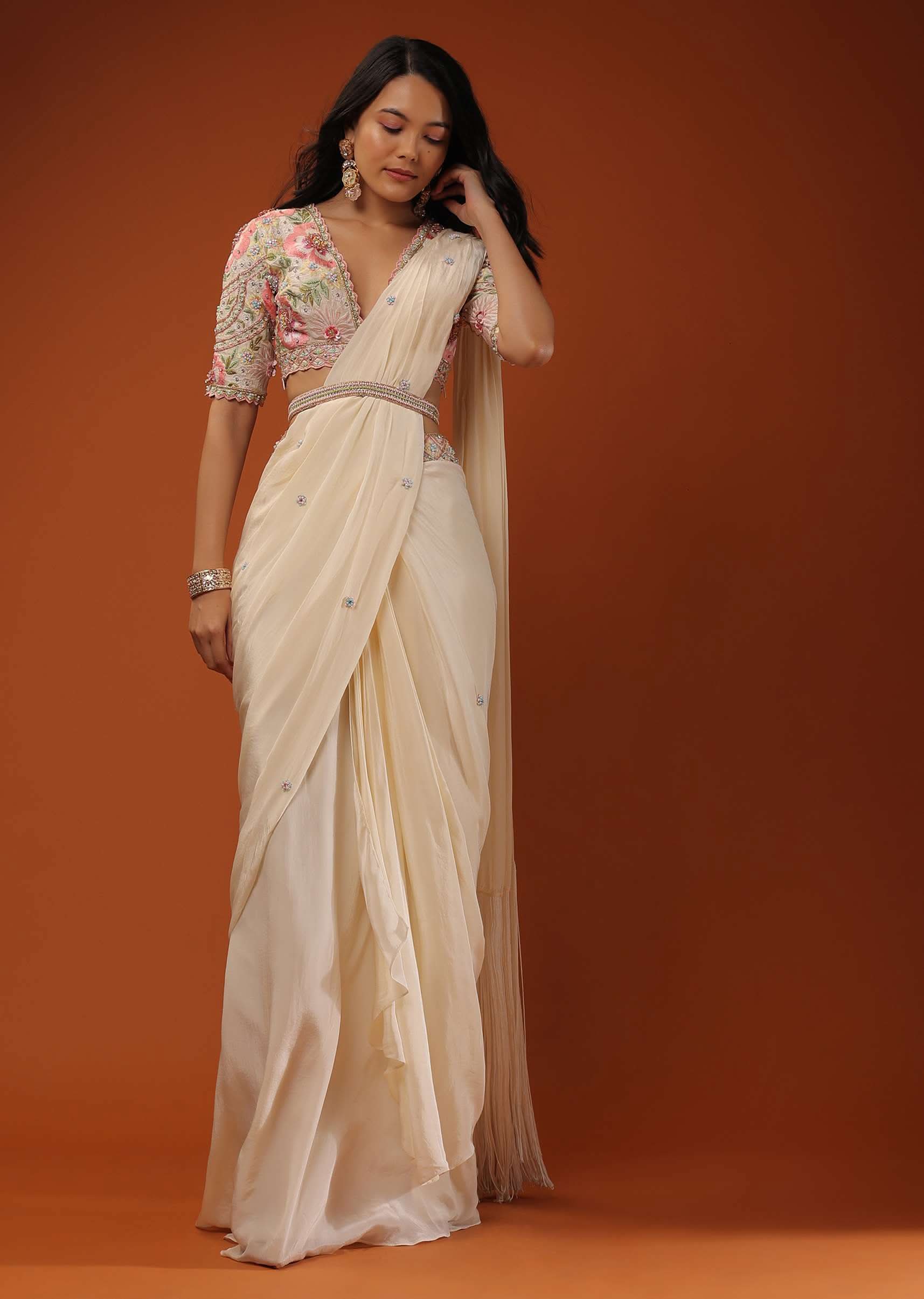 Cream White Ready Tp Wear Saree With Floral Hand Work On The Blouse - Image 3