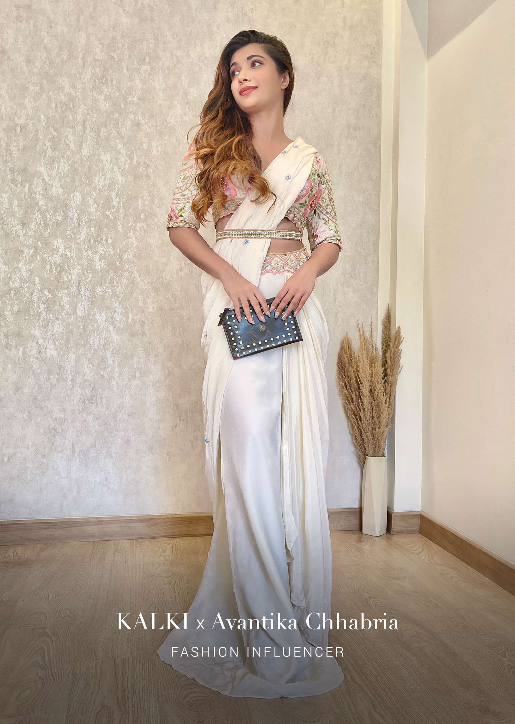 Cream White Ready Tp Wear Saree With Floral Hand Work On The Blouse - Image 6