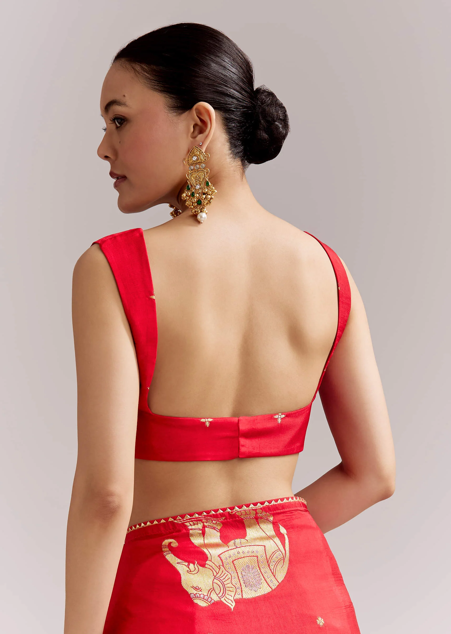 Crimson Red Chinon Woven Saree With Elephant Motifs - Image 8