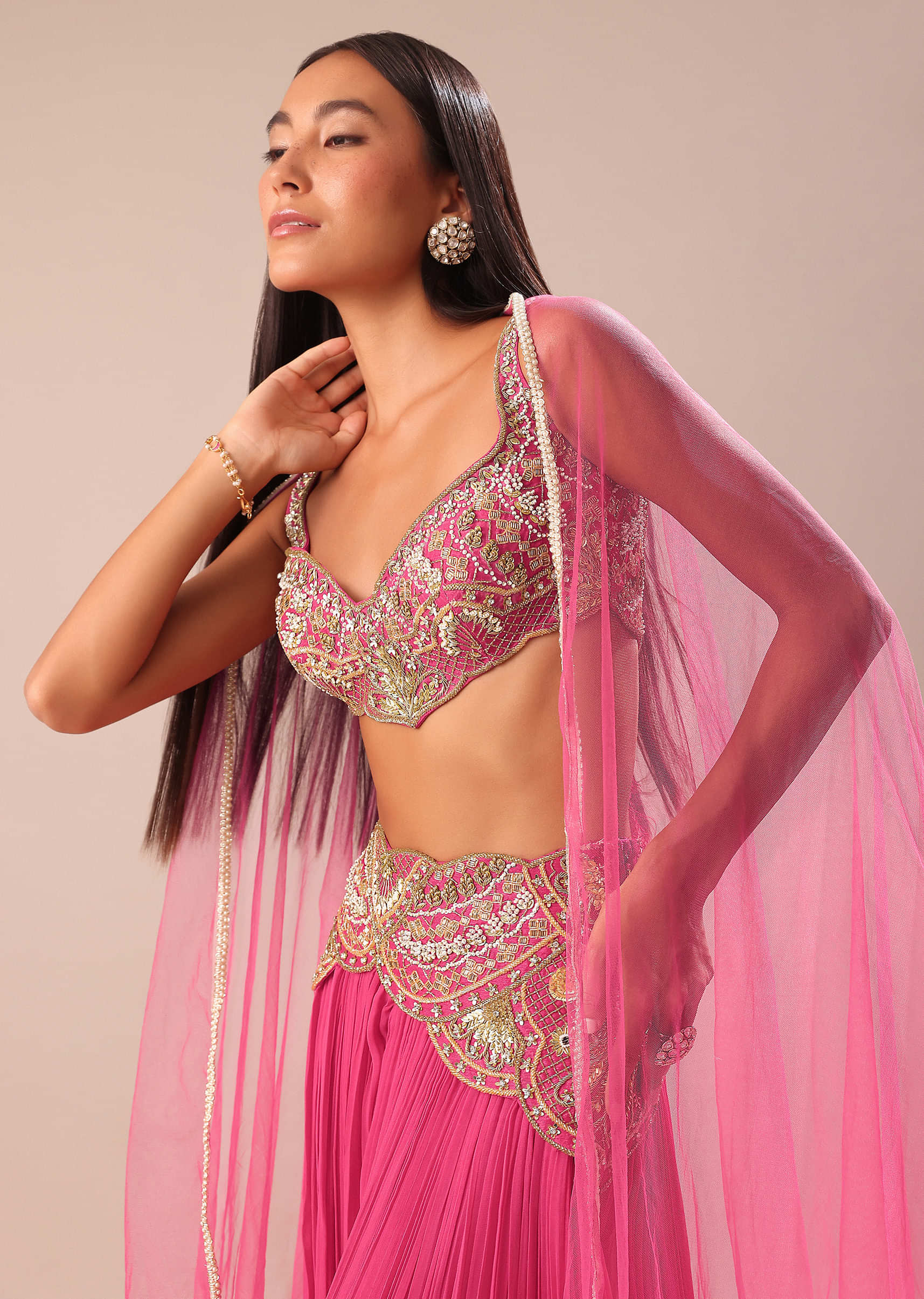 Crimson Red Palazzo With Embroidered Blouse And Cape - Image 4