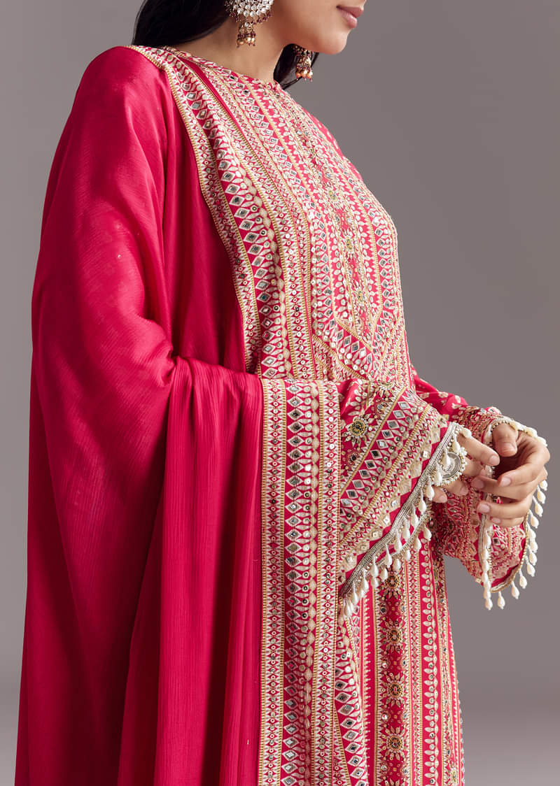 Crimson Red Printed Kurta Palazzo Set - Image 2