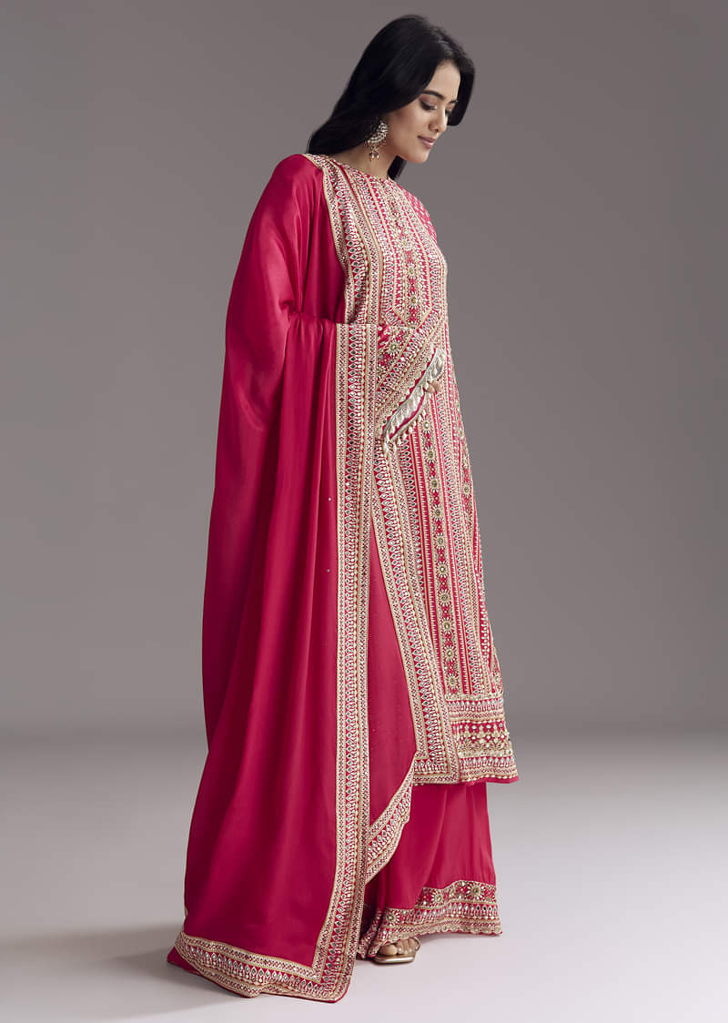 Crimson Red Printed Kurta Palazzo Set - Image 3