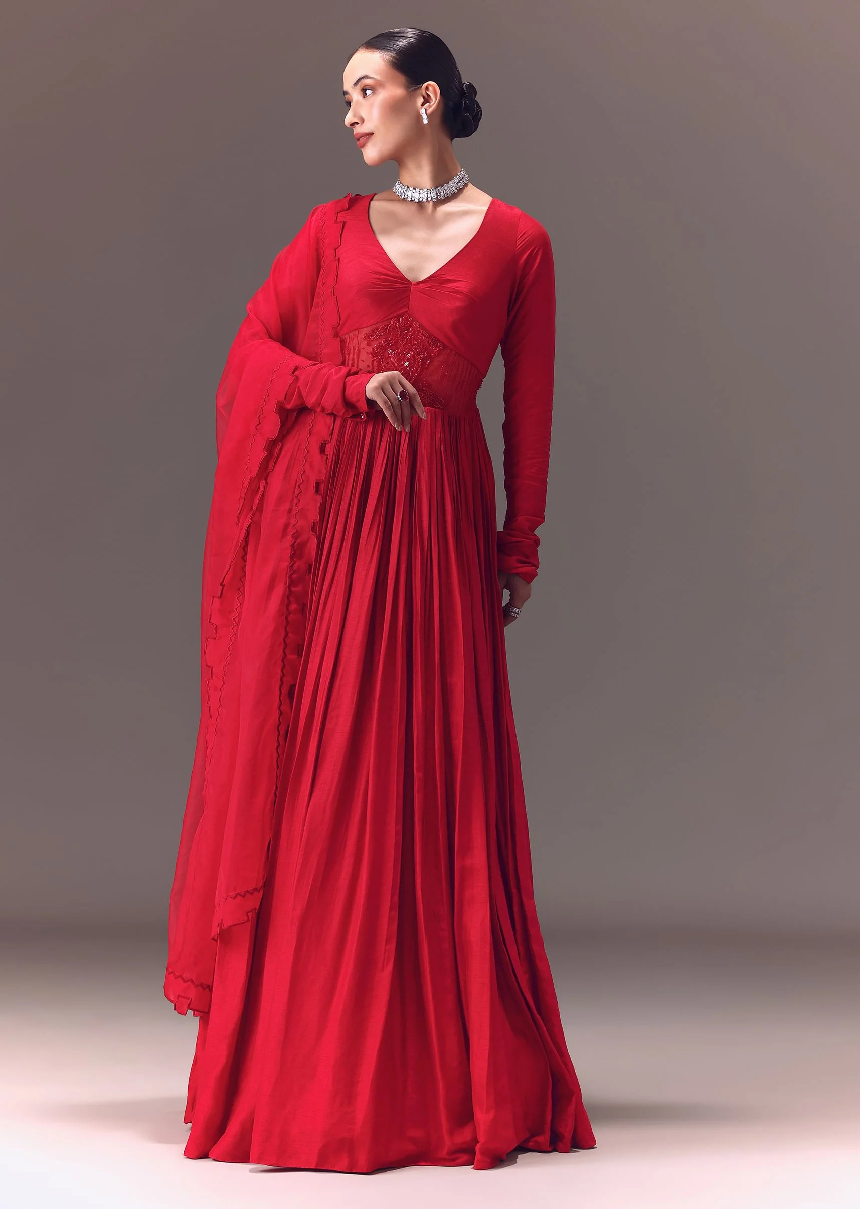 Crimson Red Ruched Embroidered Suit With Dupatta