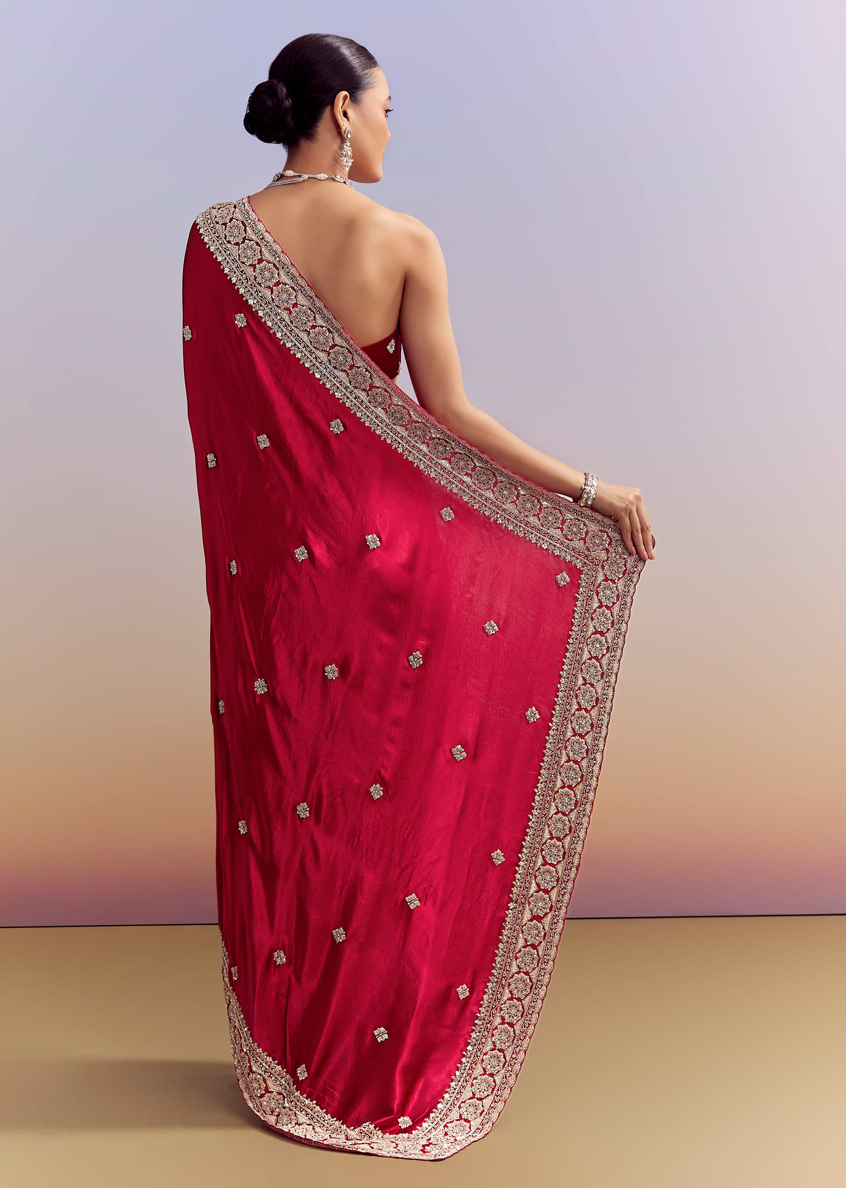 Crimson Red Satin Saree With Floral Border And Butti - Image 4